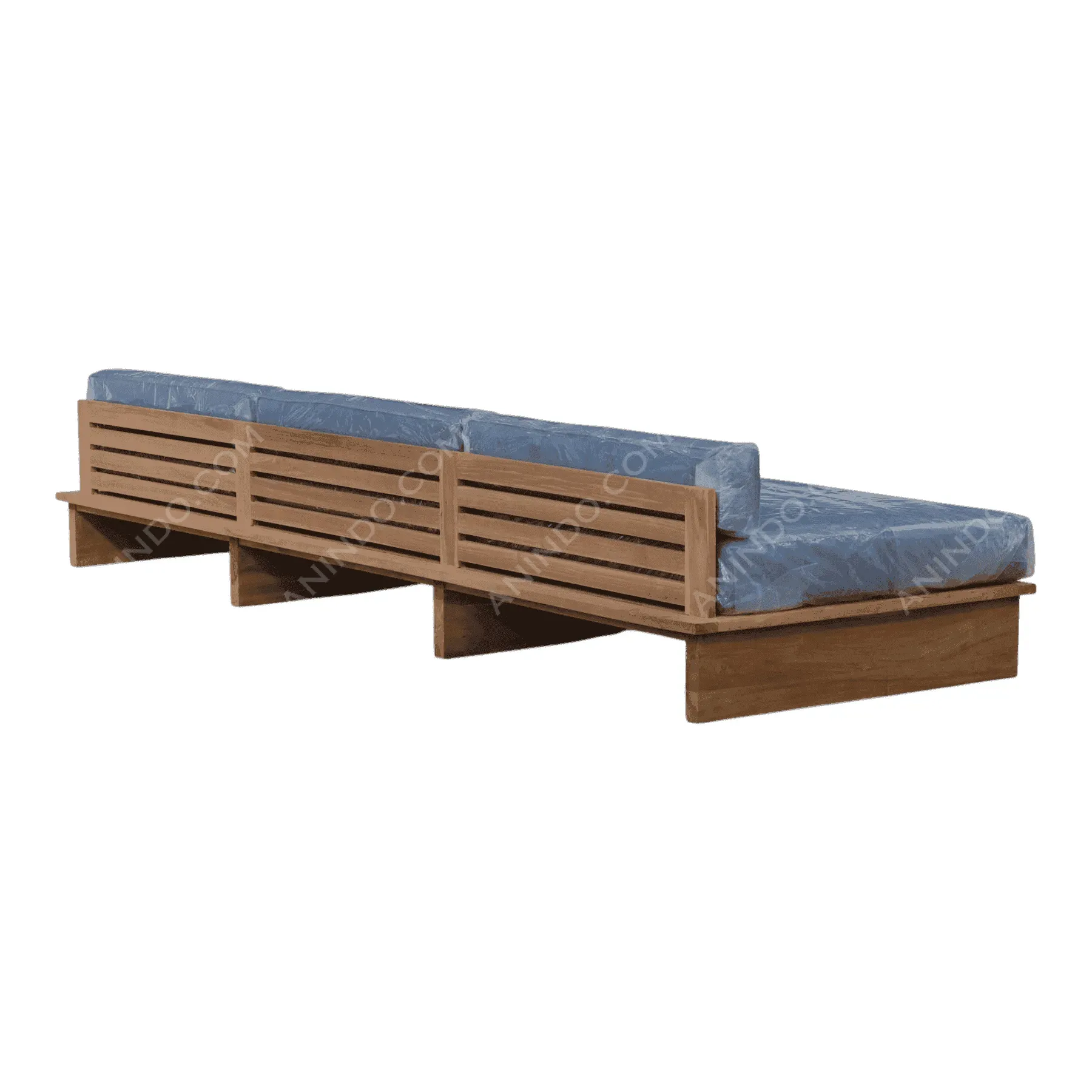 Modern wooden outdoor bench with blue cushions