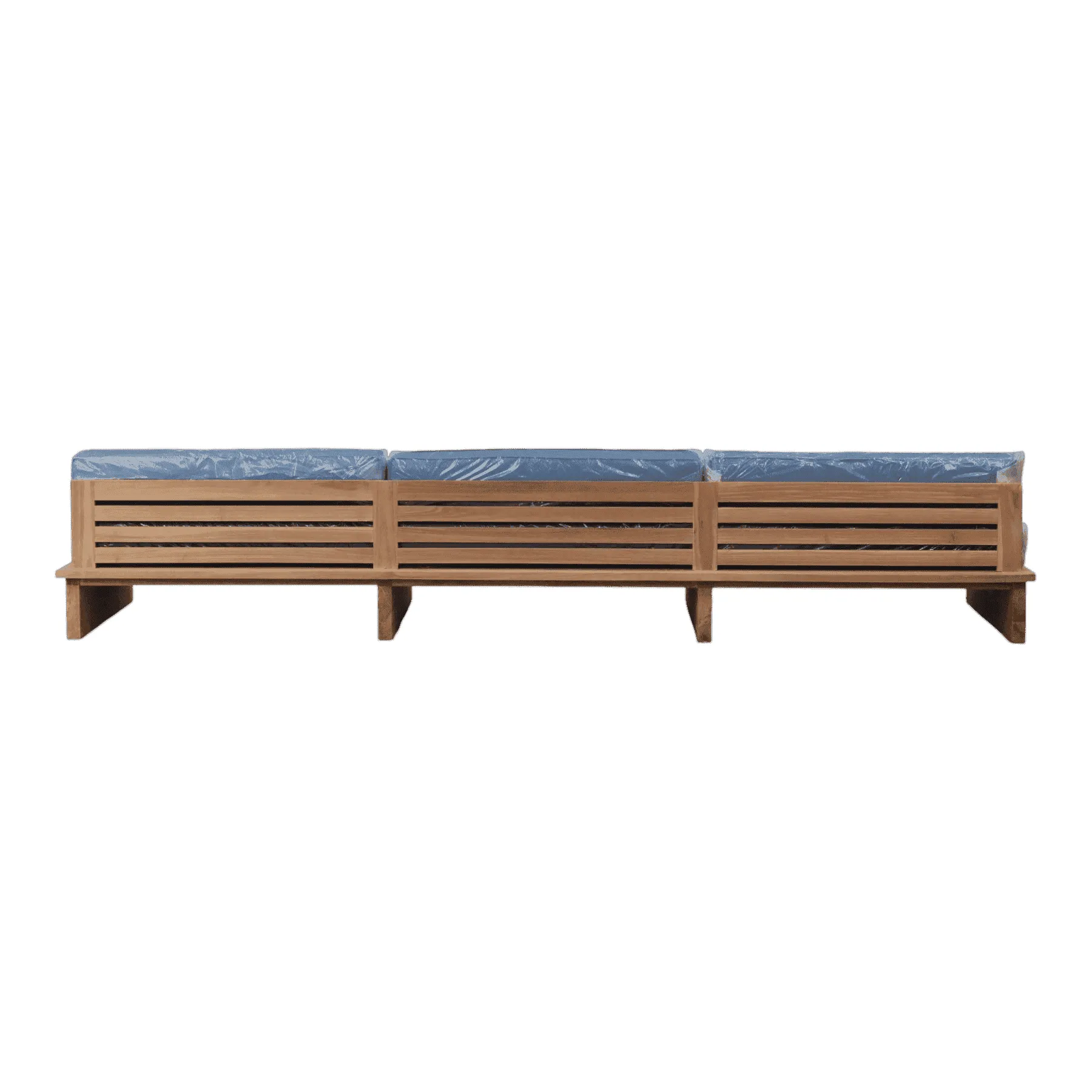 Wooden outdoor bench with blue cushions