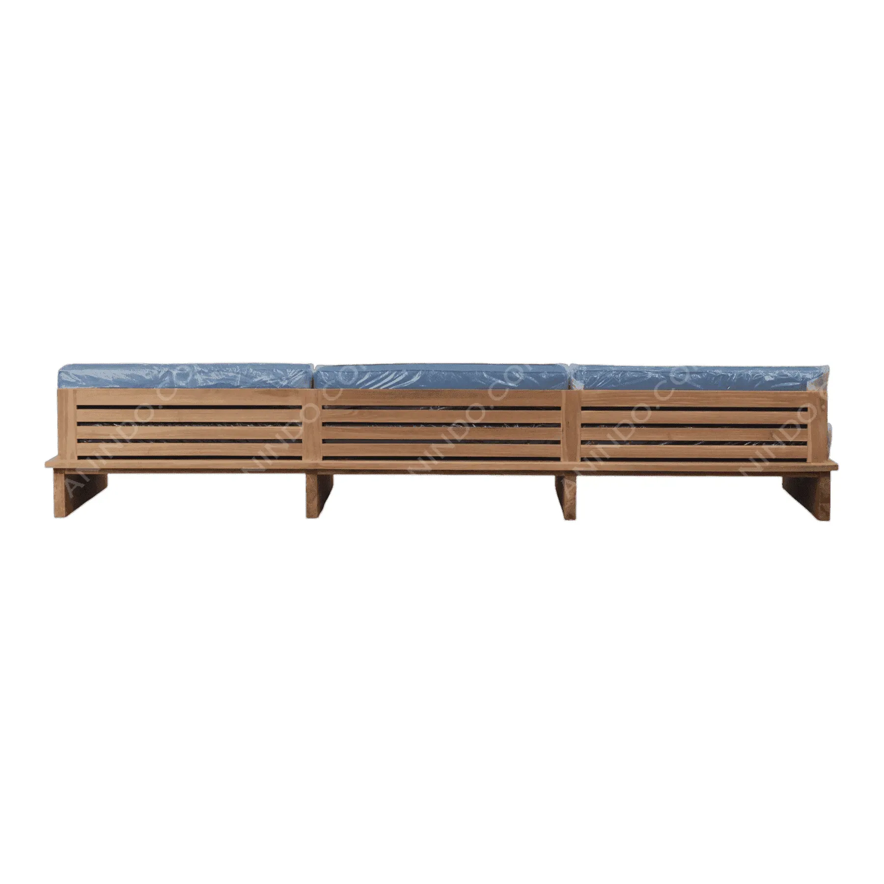 Wooden outdoor bench with blue cushions