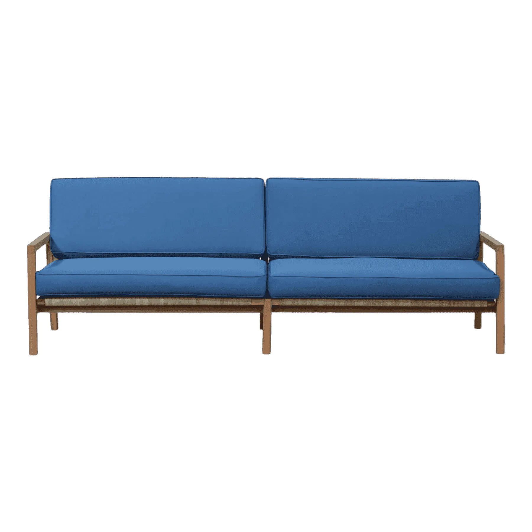 Modern wooden sofa with blue cushions