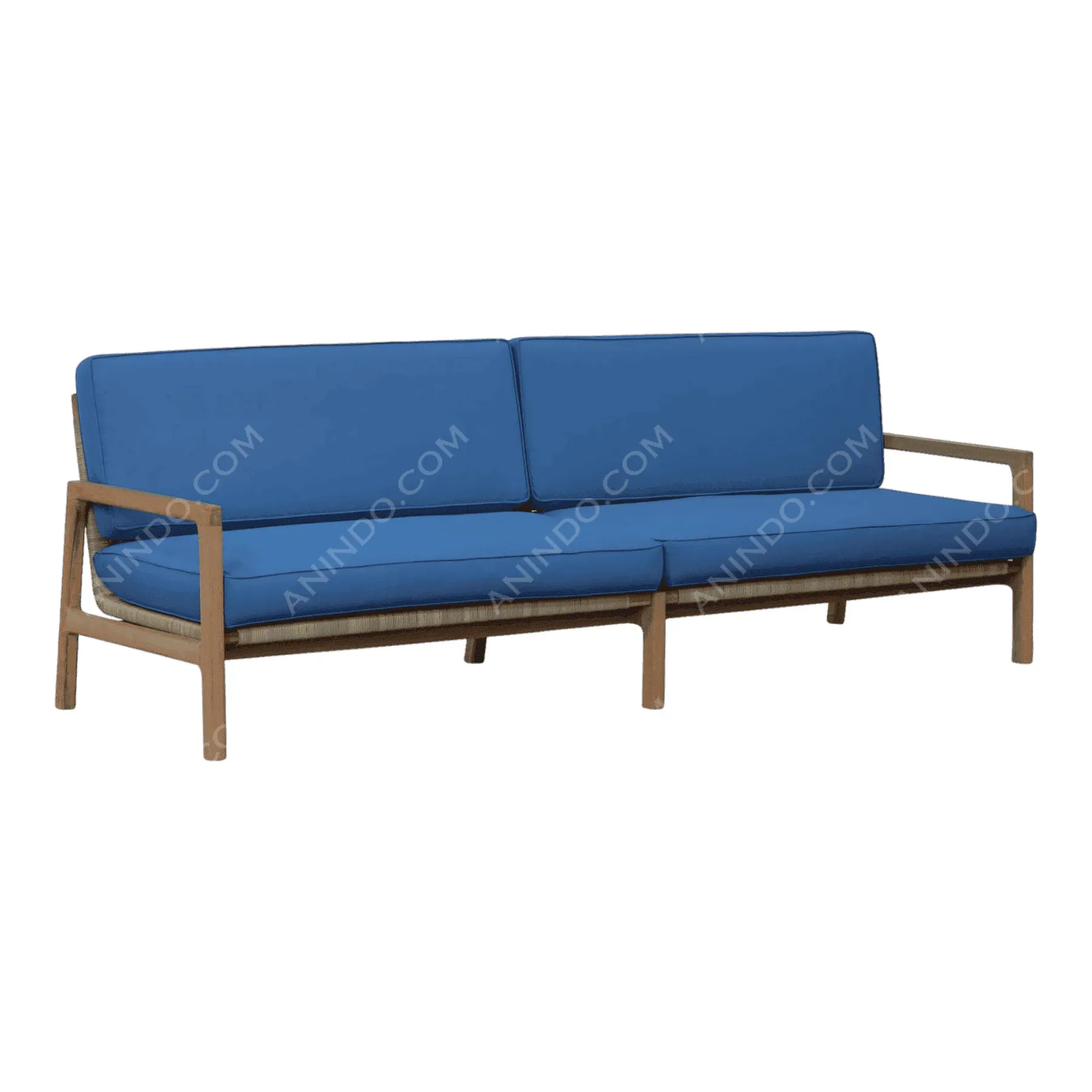 Modern wooden sofa with blue cushions
