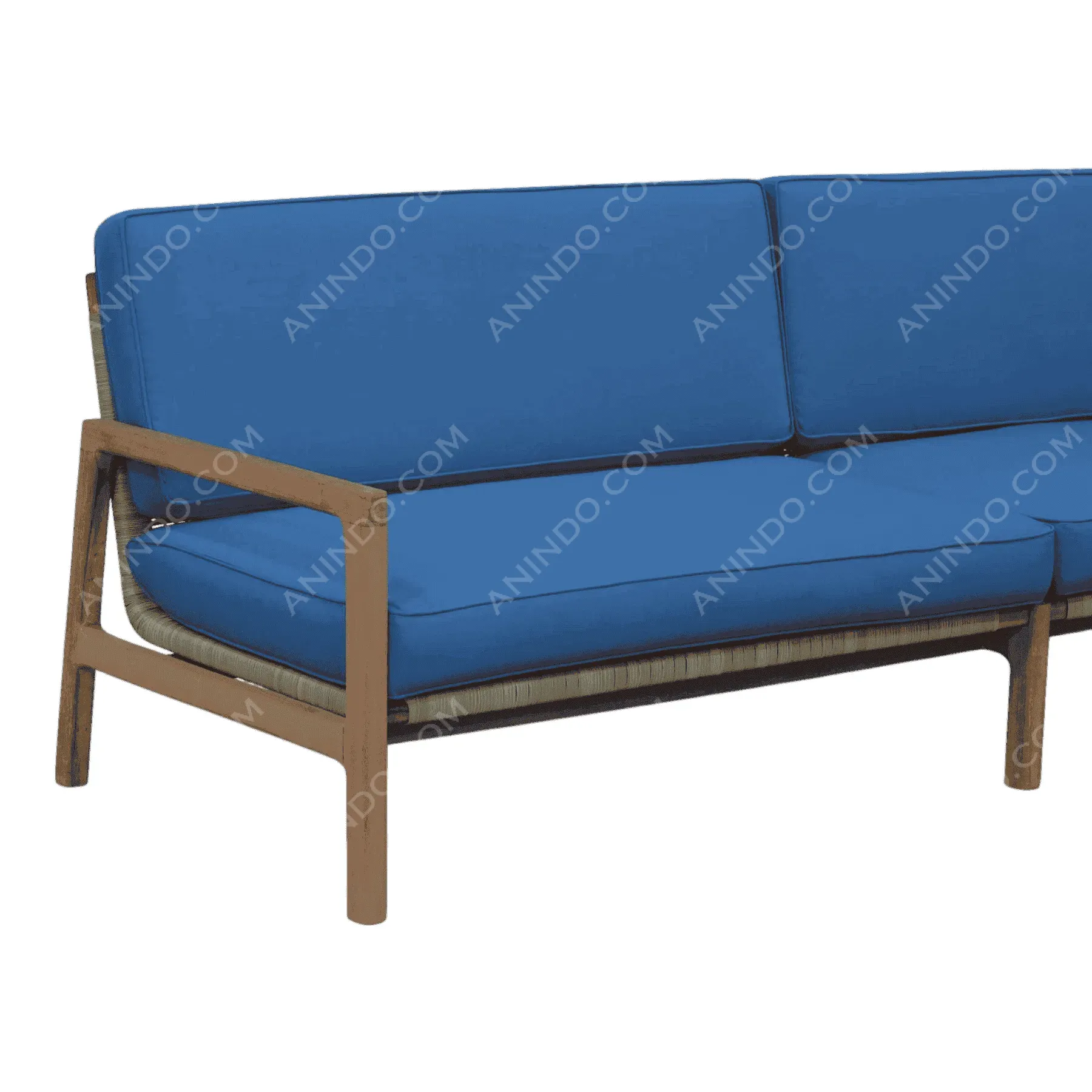Wooden sofa with blue cushions