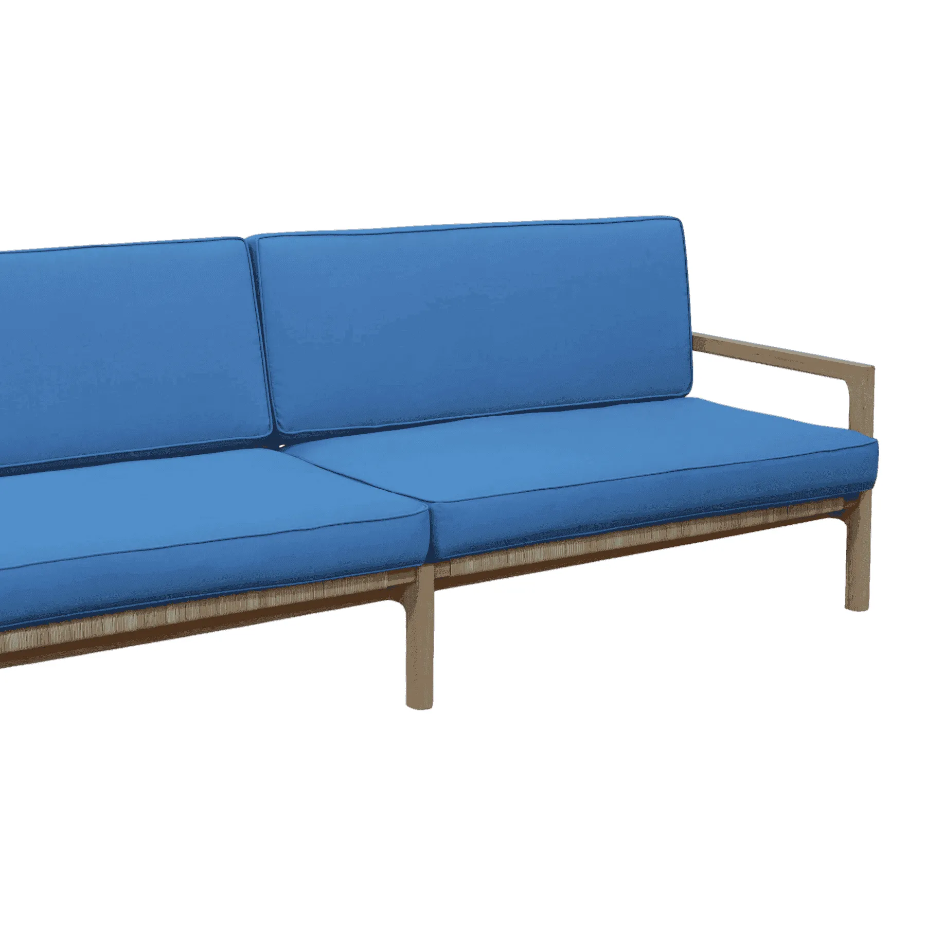 Modern wooden sofa with blue cushions