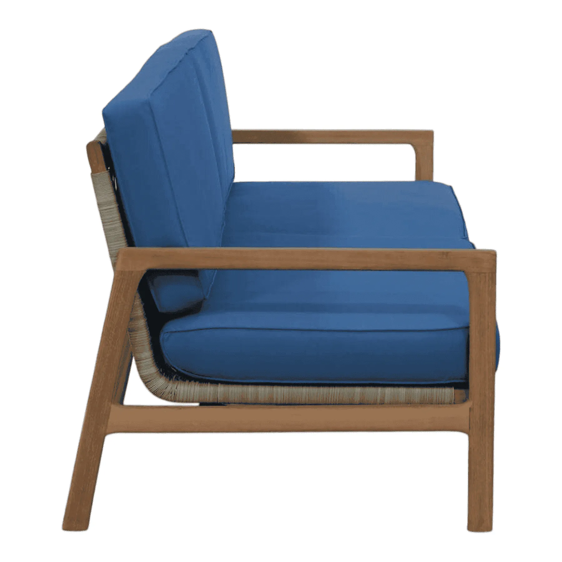 Wood frame chair with blue cushions