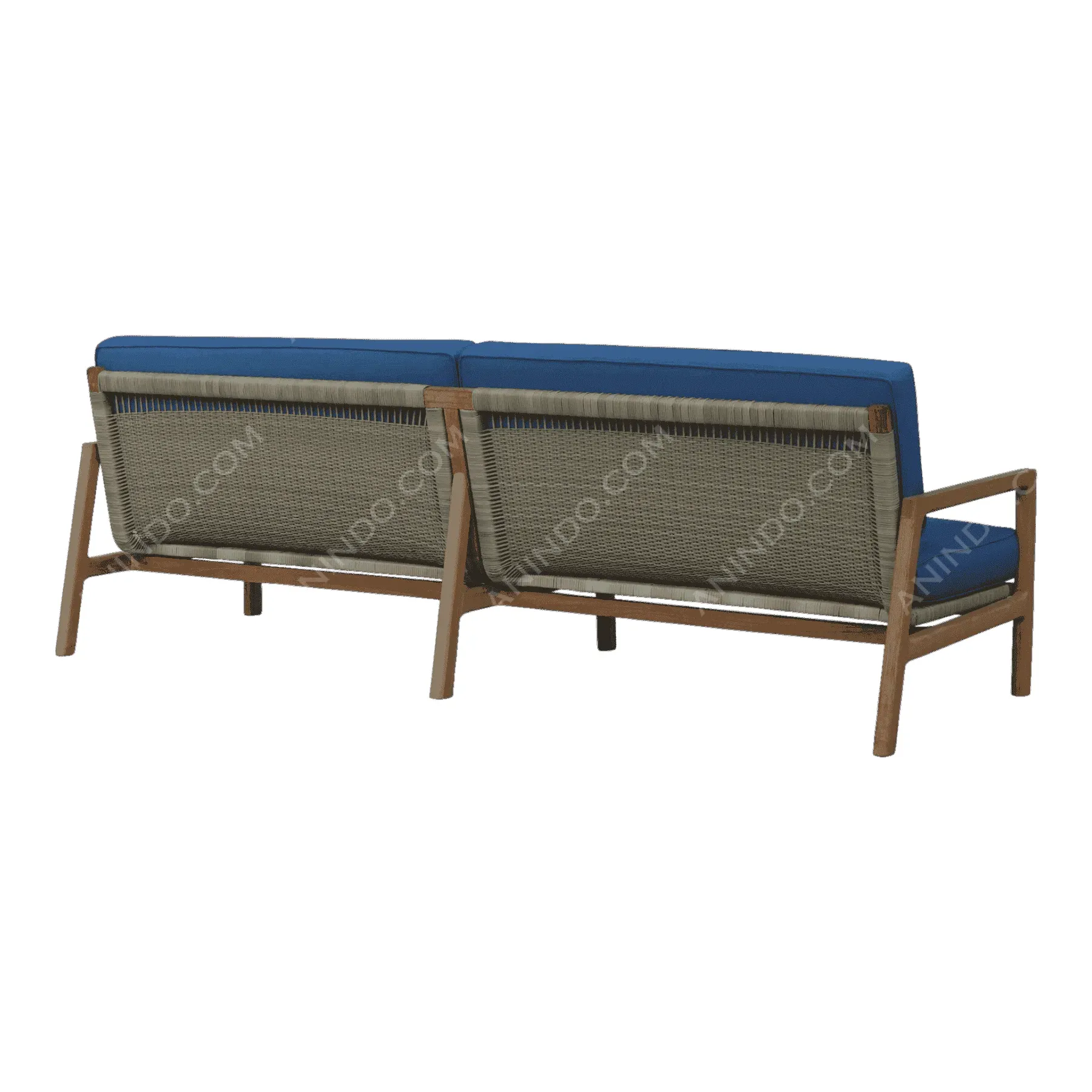 Modern outdoor sofa with blue cushions