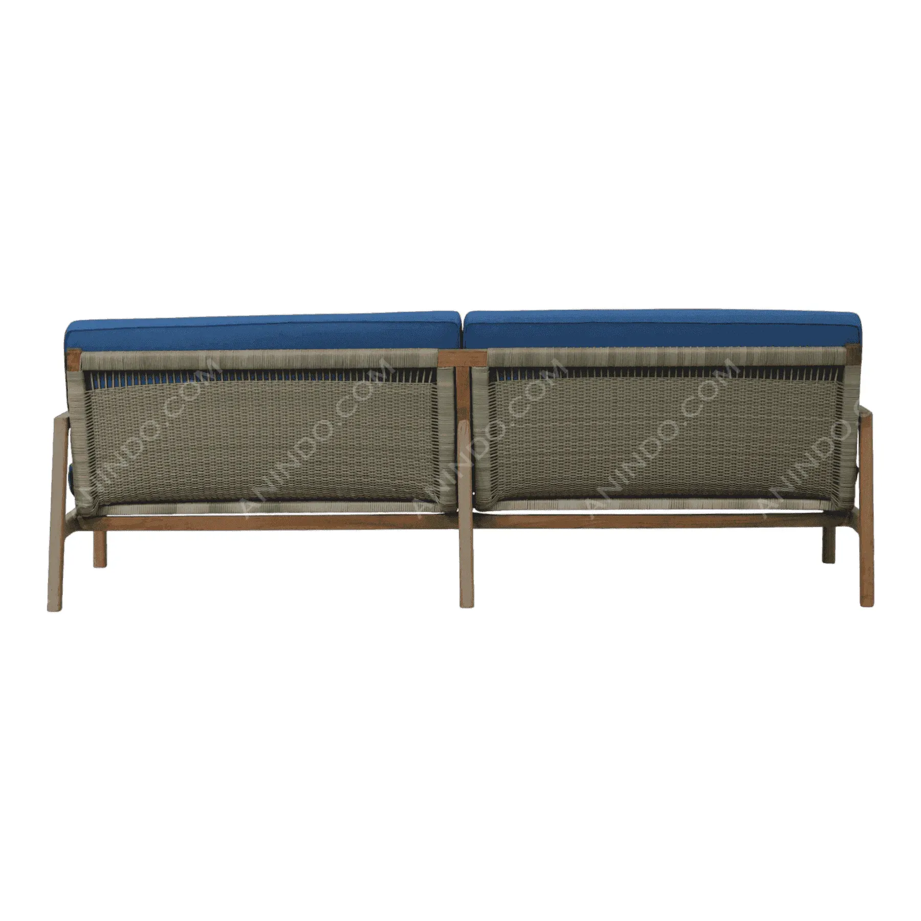 Outdoor wicker sofa with blue cushions