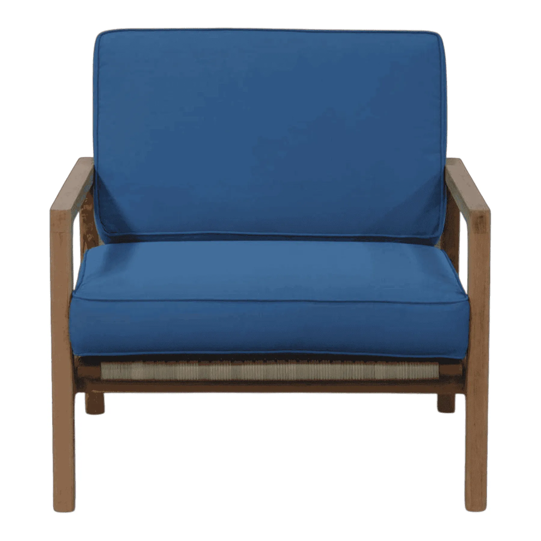 Wood armchair with blue cushions