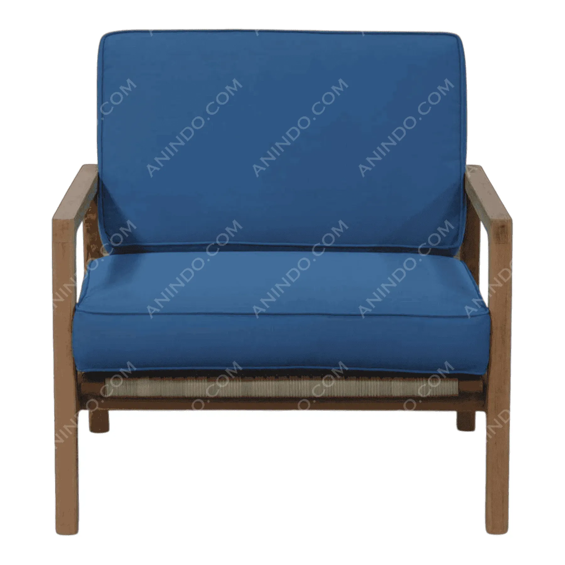 Wood armchair with blue cushions
