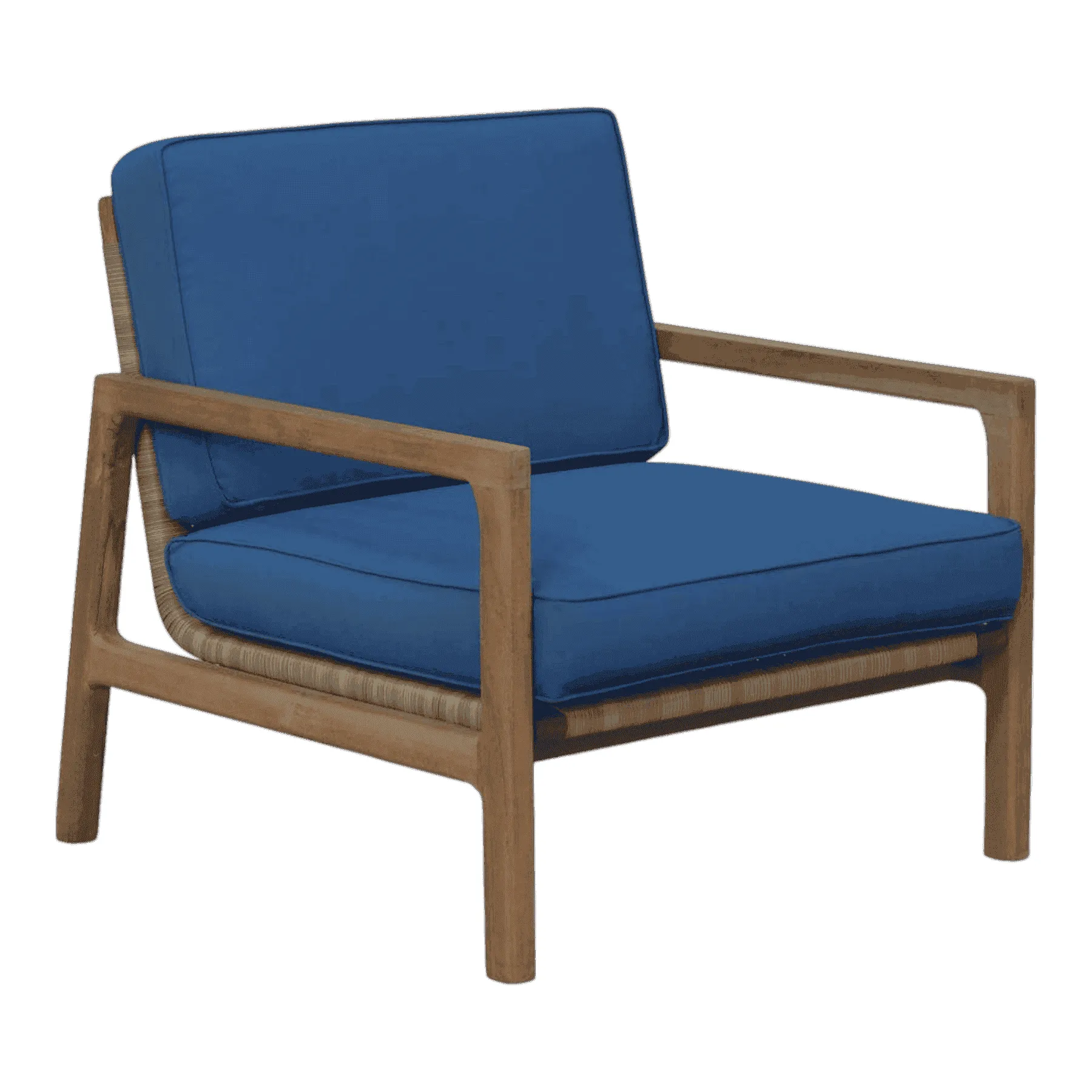 Wooden armchair with blue cushions
