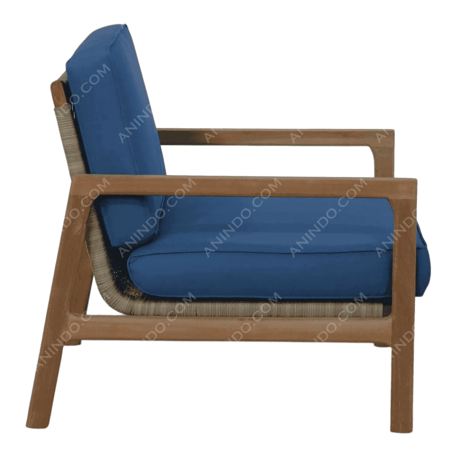 Modern wooden chair with blue cushions