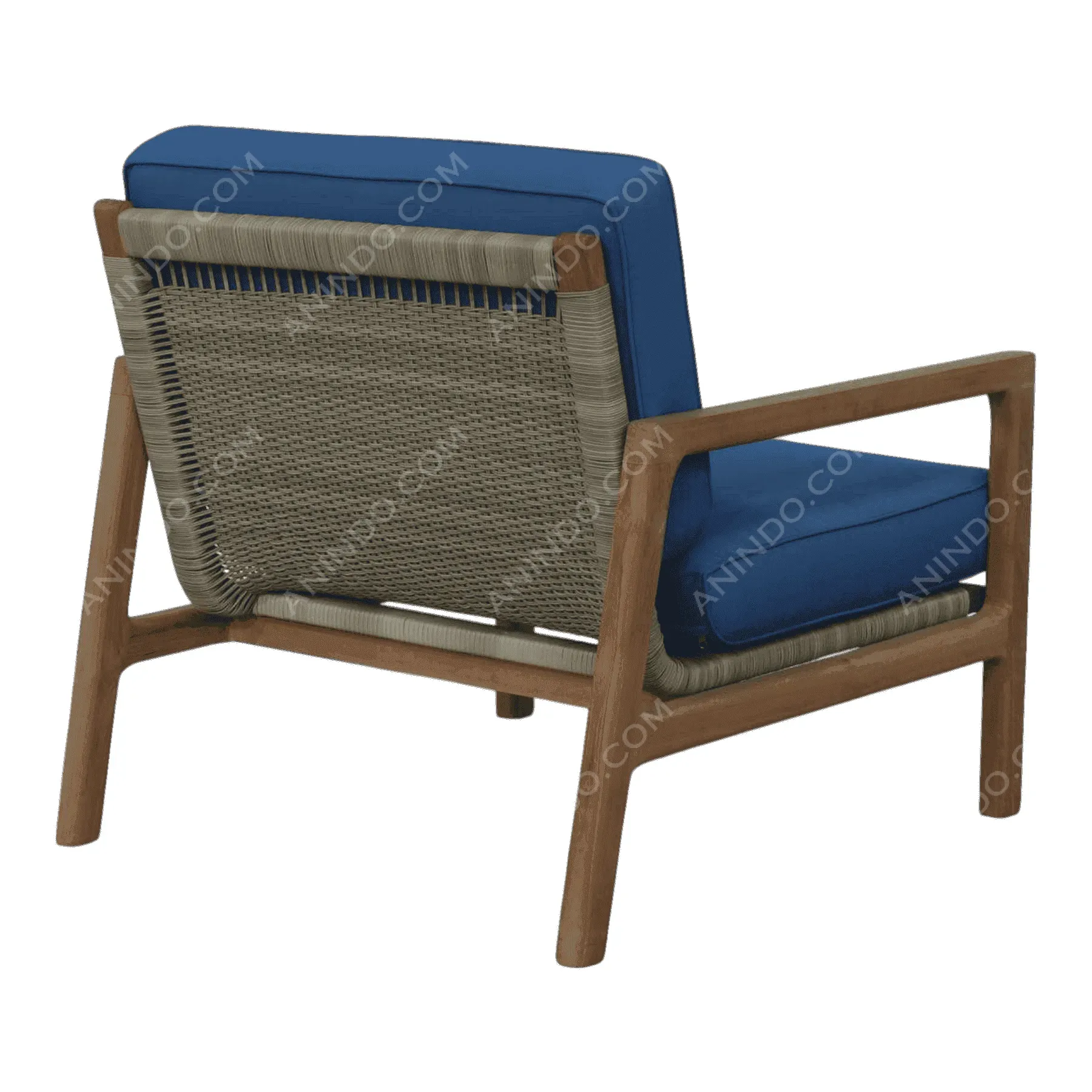 Wooden lounge chair with blue cushions