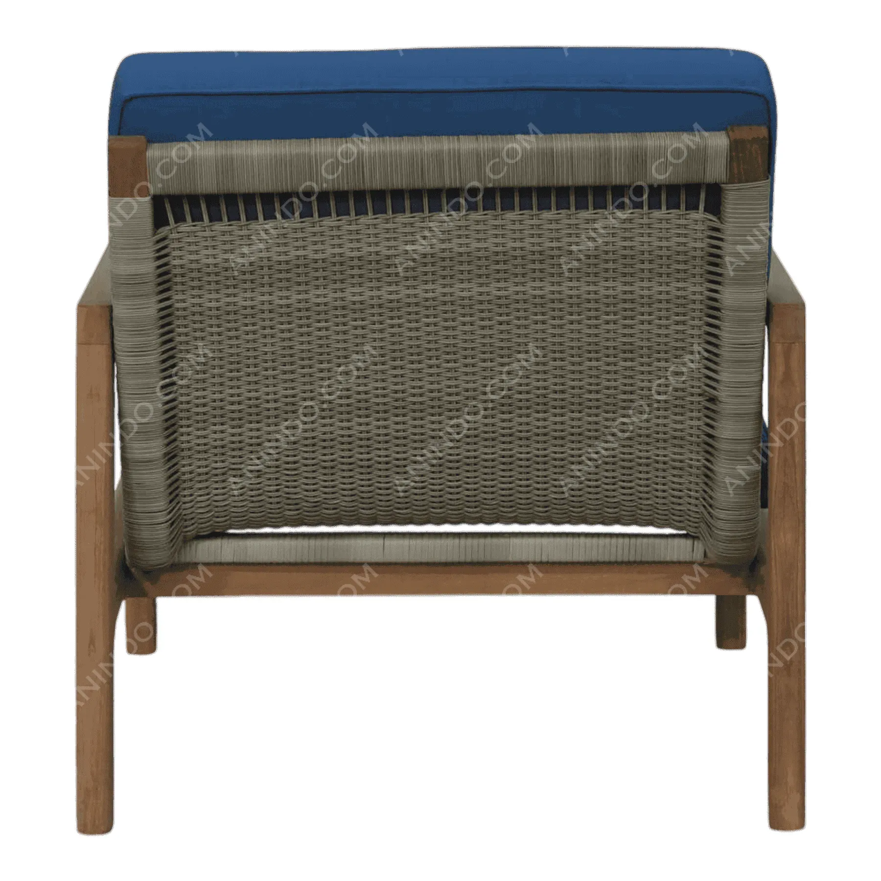 Woven outdoor chair with blue cushion