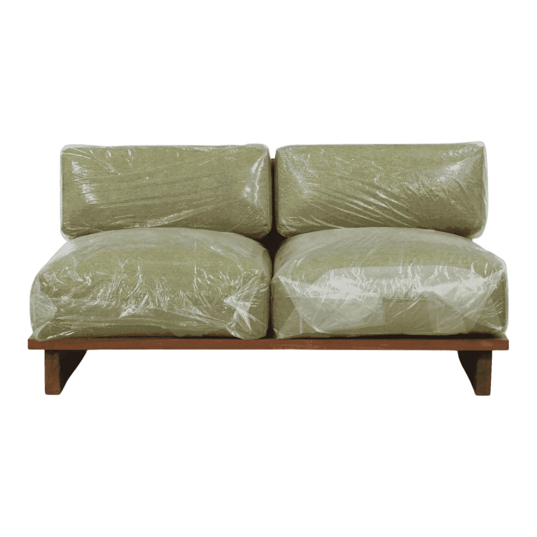 Olive green loveseat with wooden frame