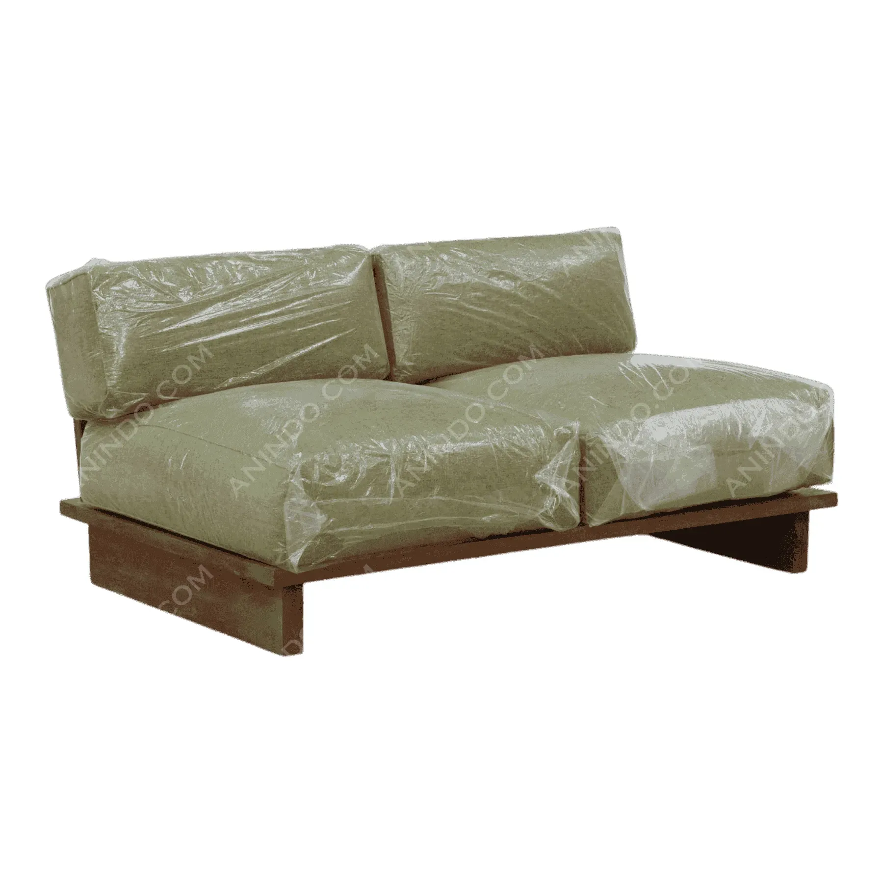 Modern wooden base sofa with green cushions