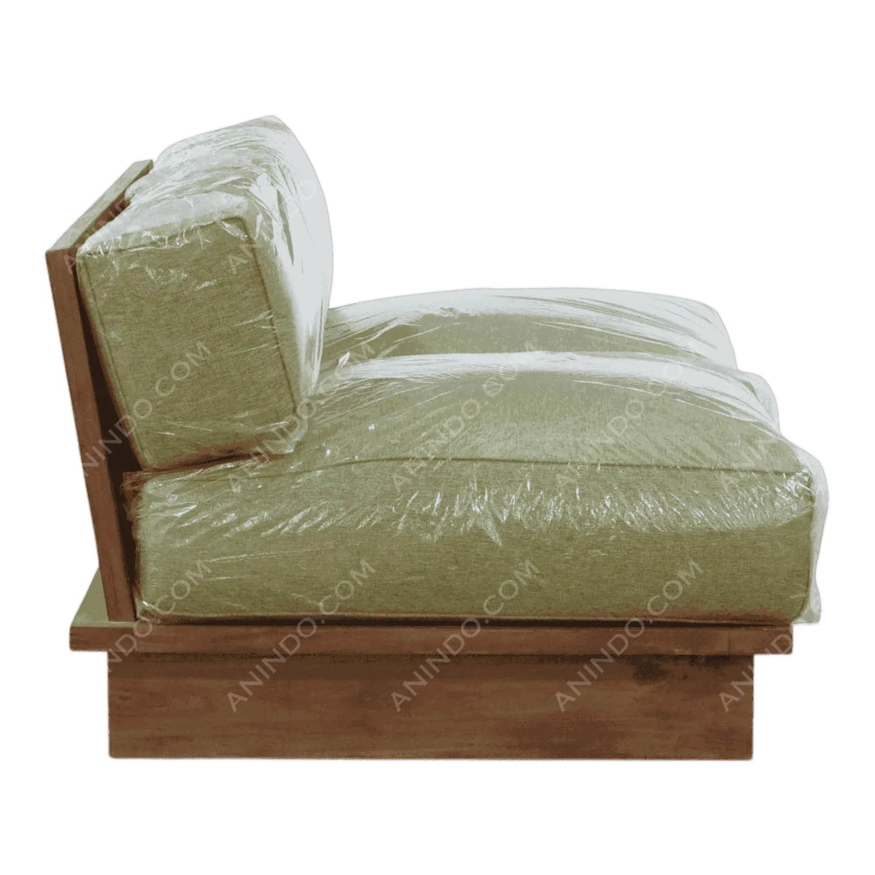 Green cushioned wooden armless chair side view