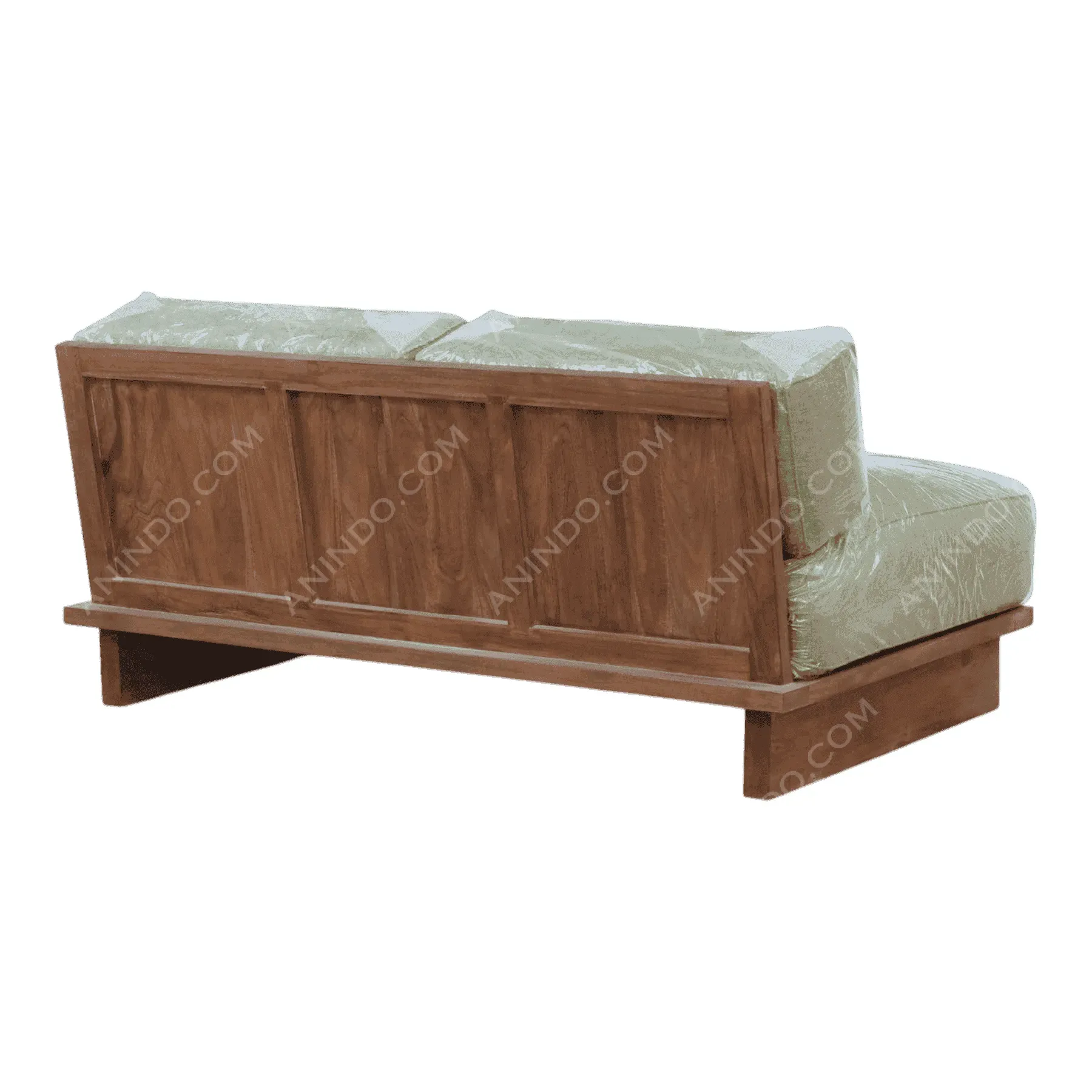 Wooden sofa with light green cushions