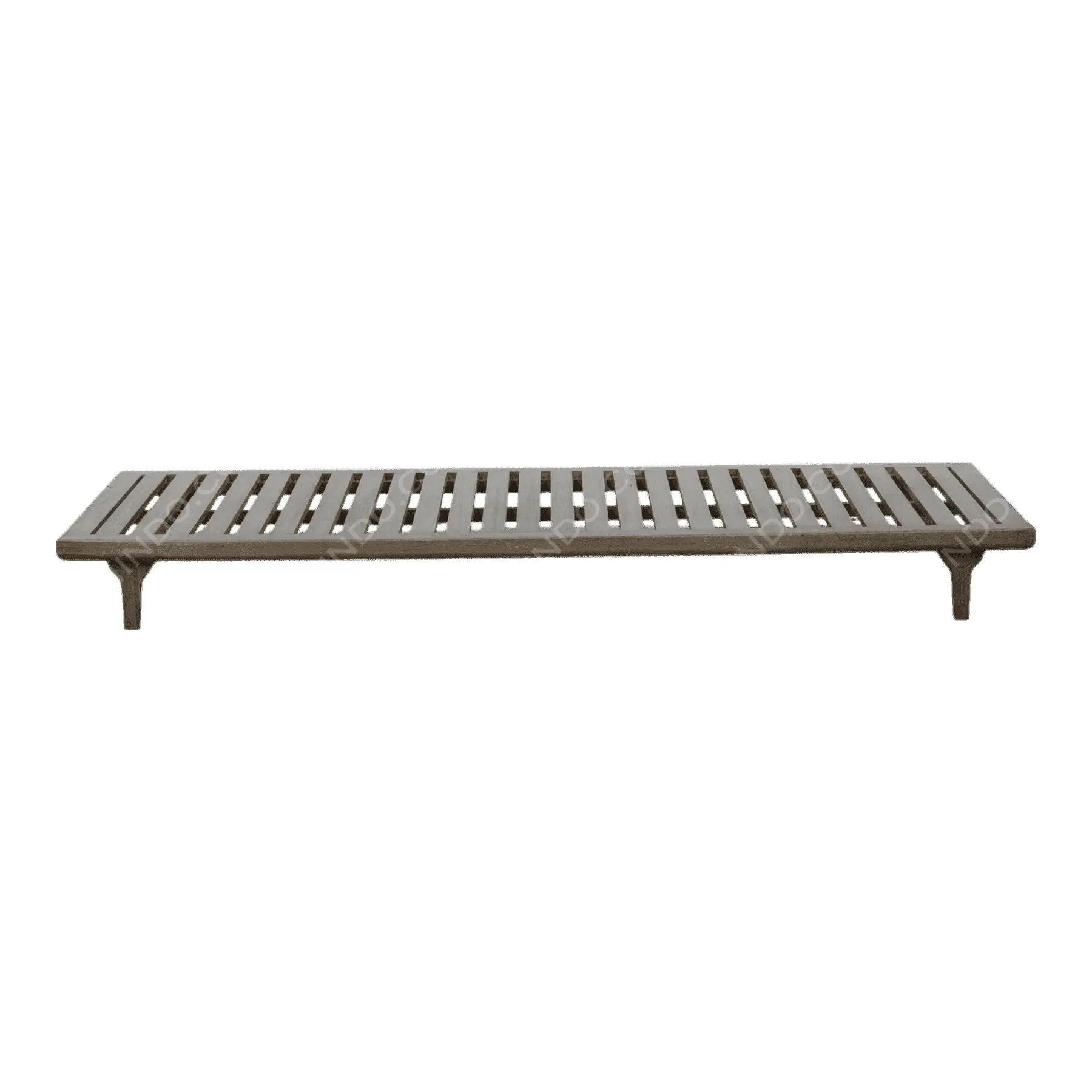 Wooden slatted bench with four short legs