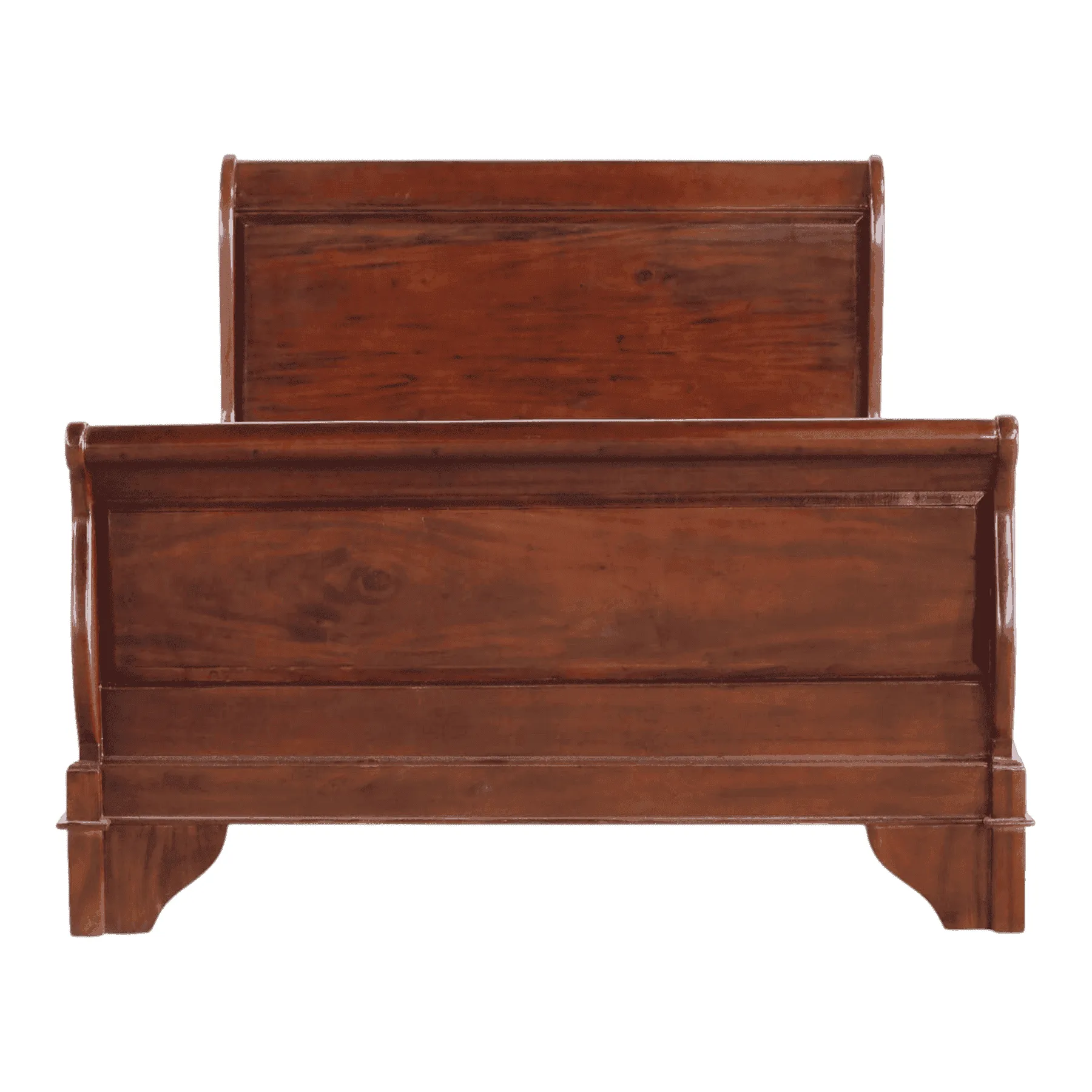 Solid wood sleigh bed with polished finish