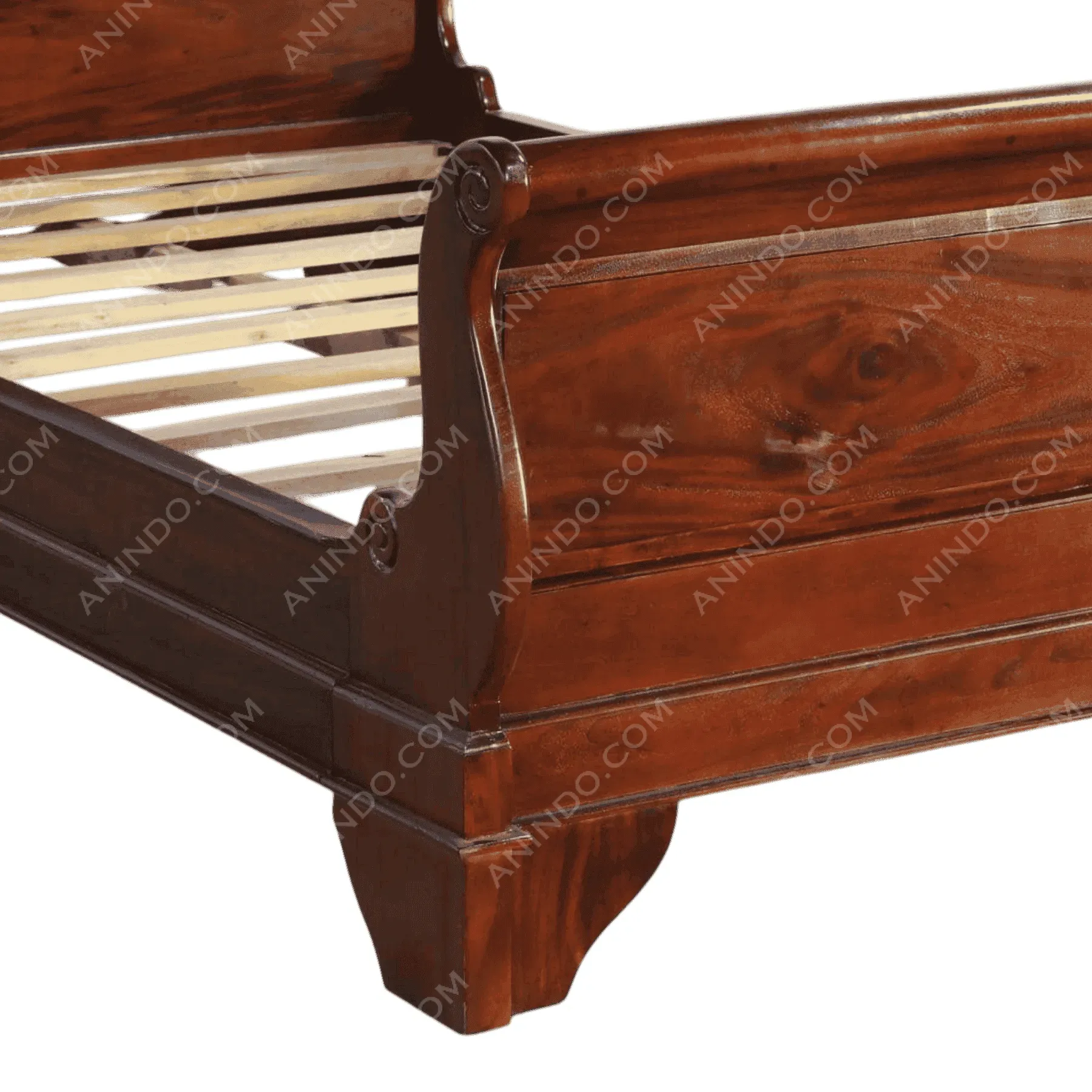Elegant wooden sleigh bed frame corner detail