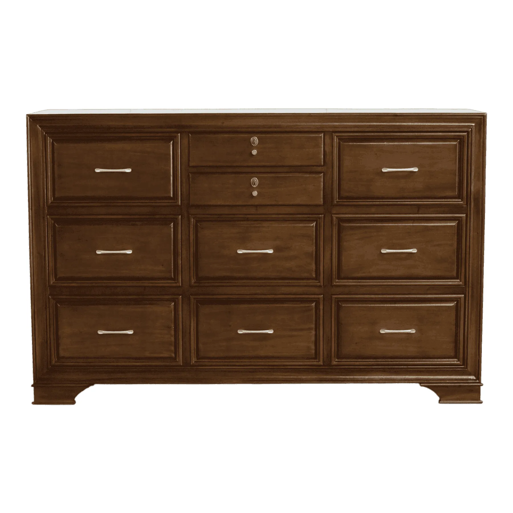 Wooden nine-drawer dresser with metal handles