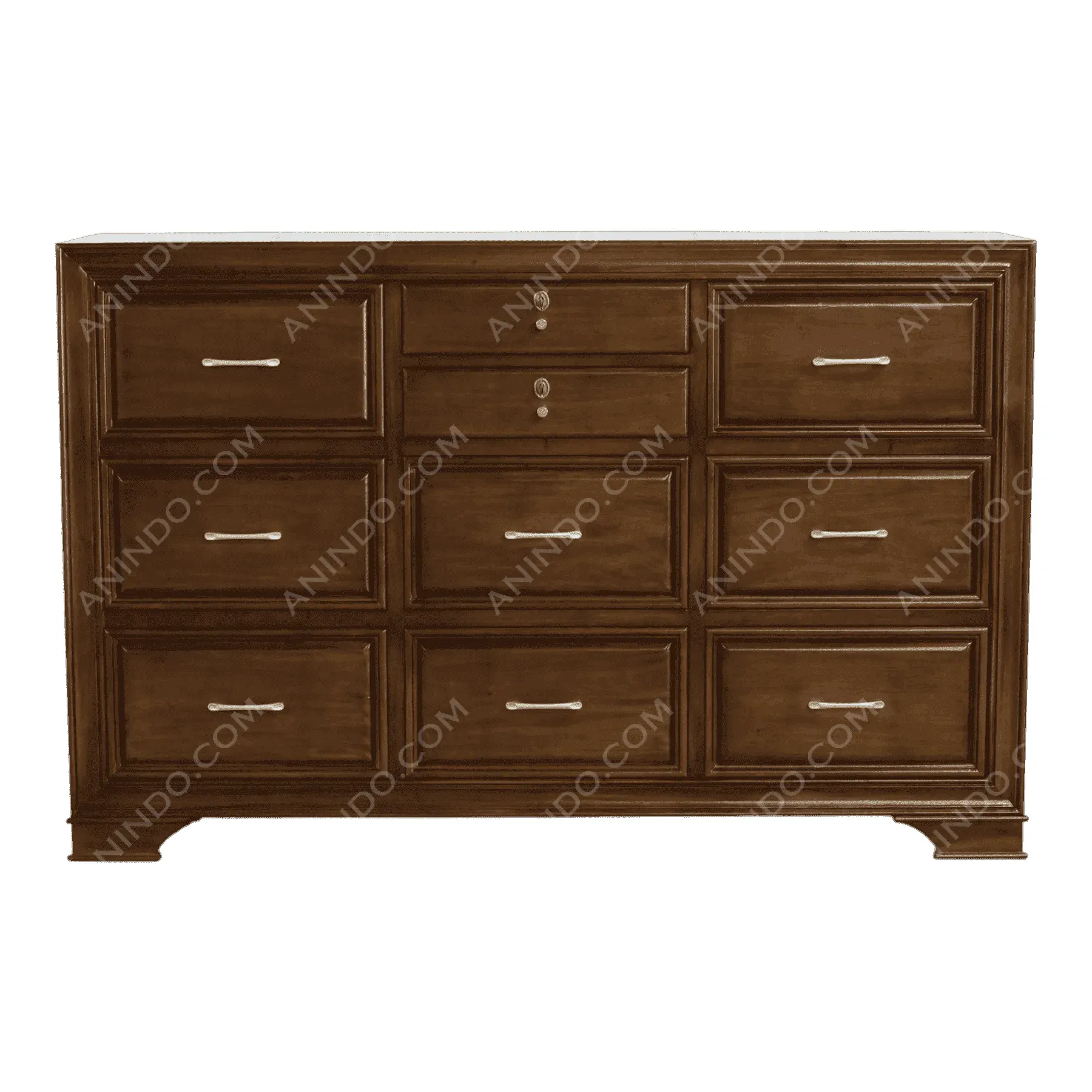 Wooden nine-drawer dresser with metal handles