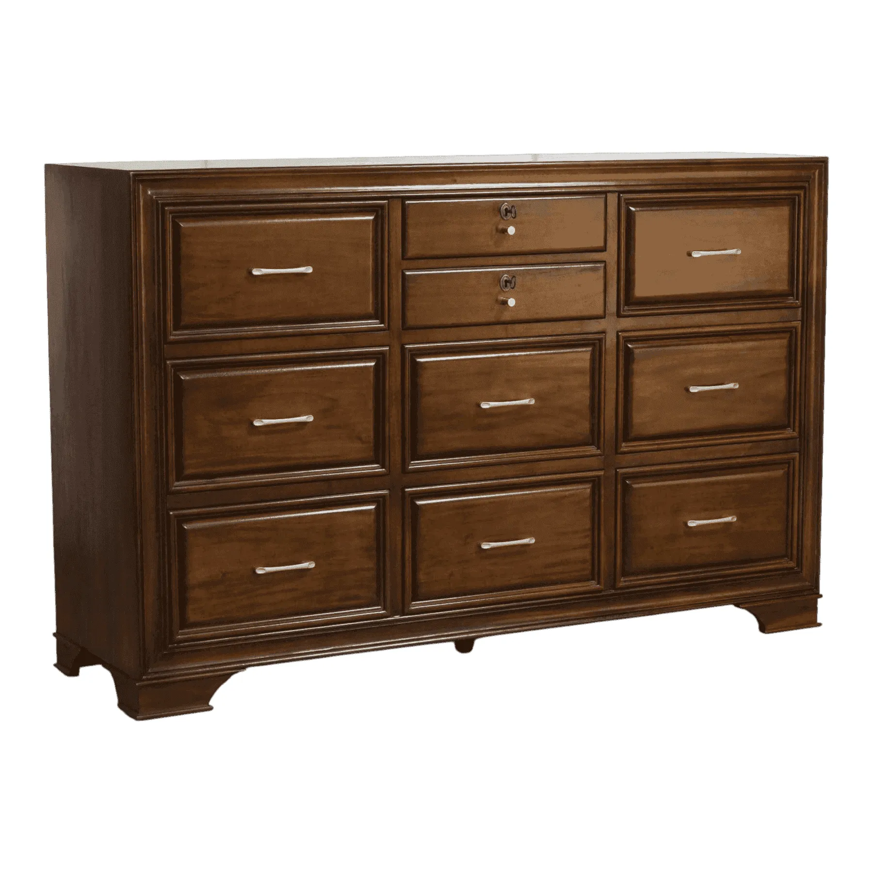 Wooden dresser with nine drawers and metal handles