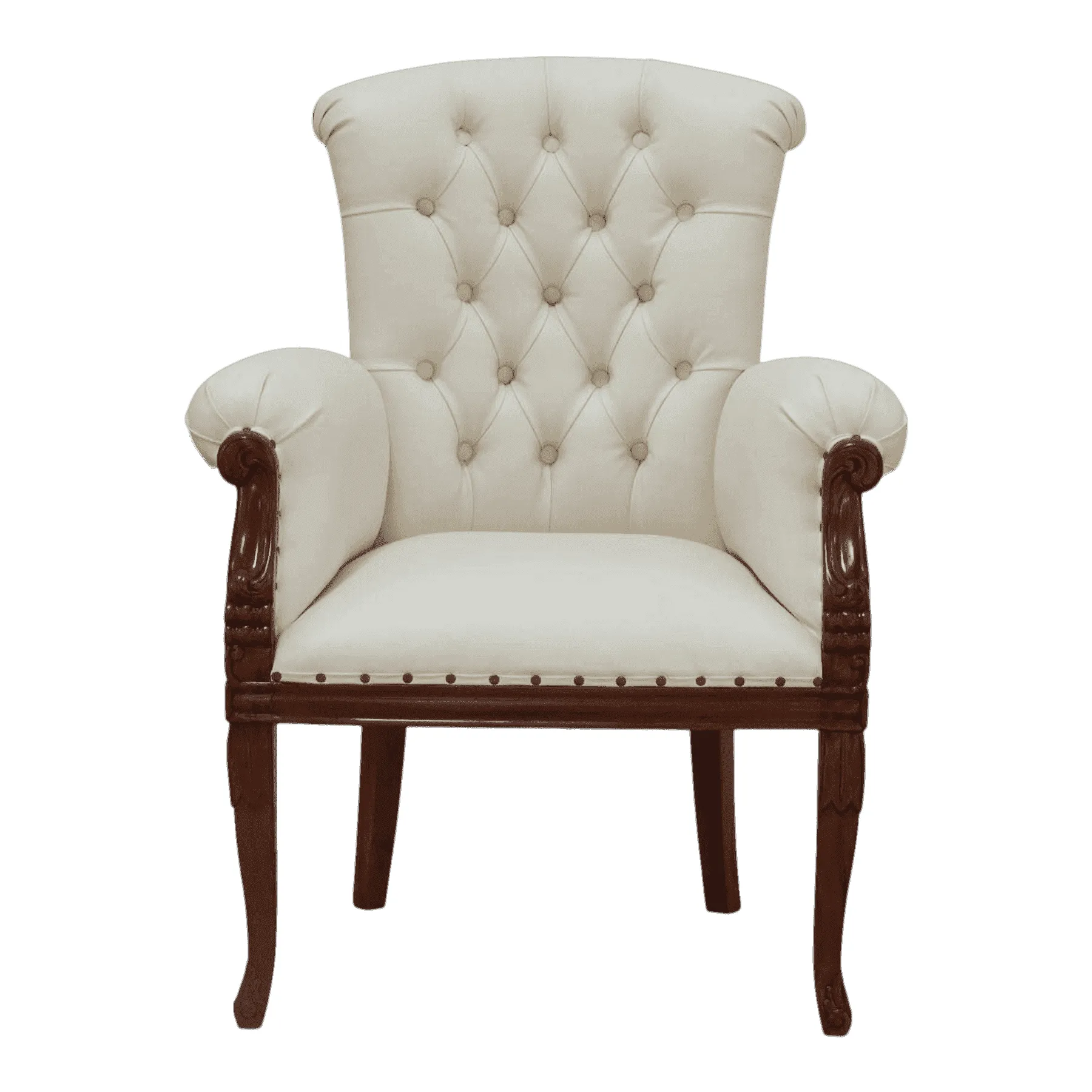 Elegant beige tufted armchair with wooden legs