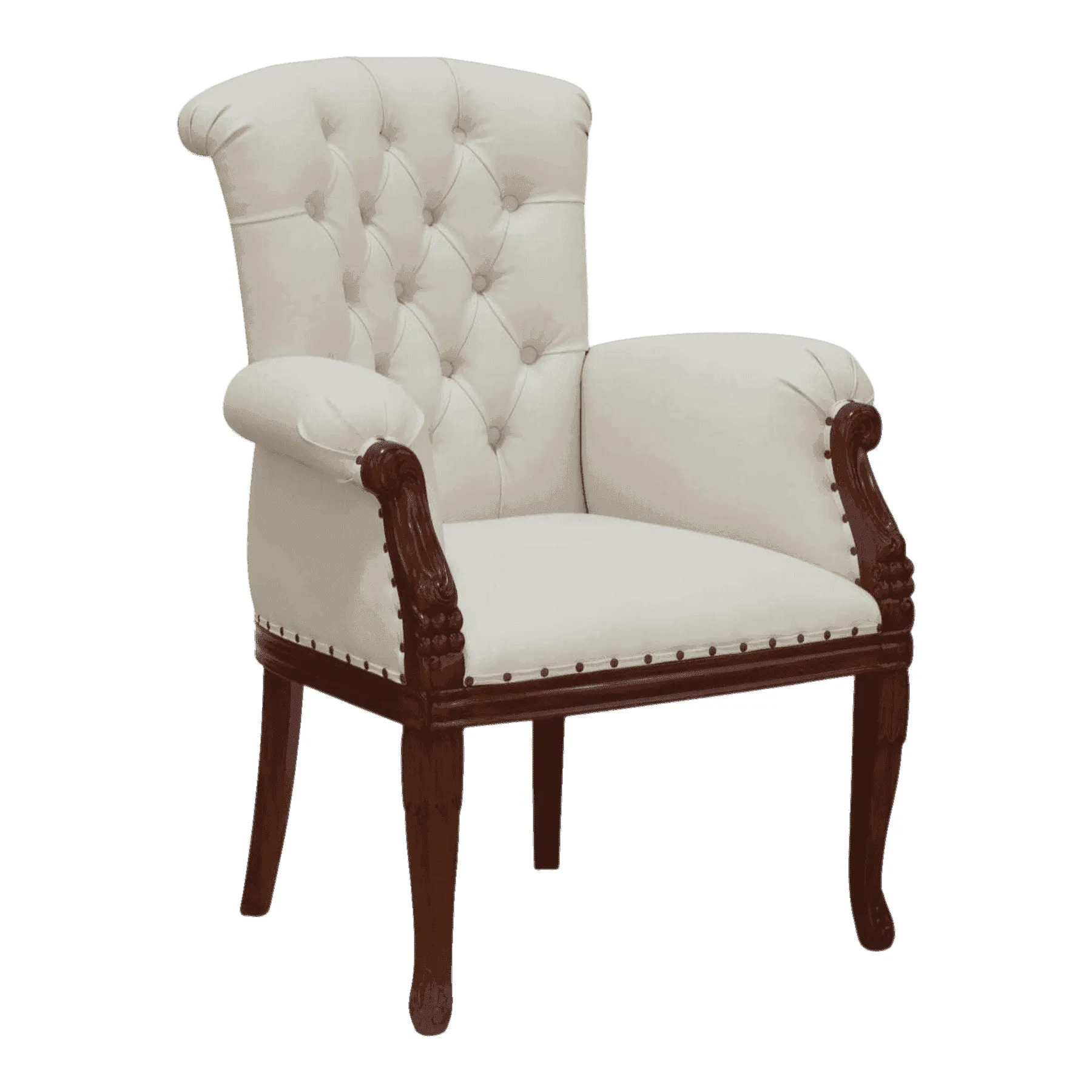 Elegant beige upholstered wooden armchair