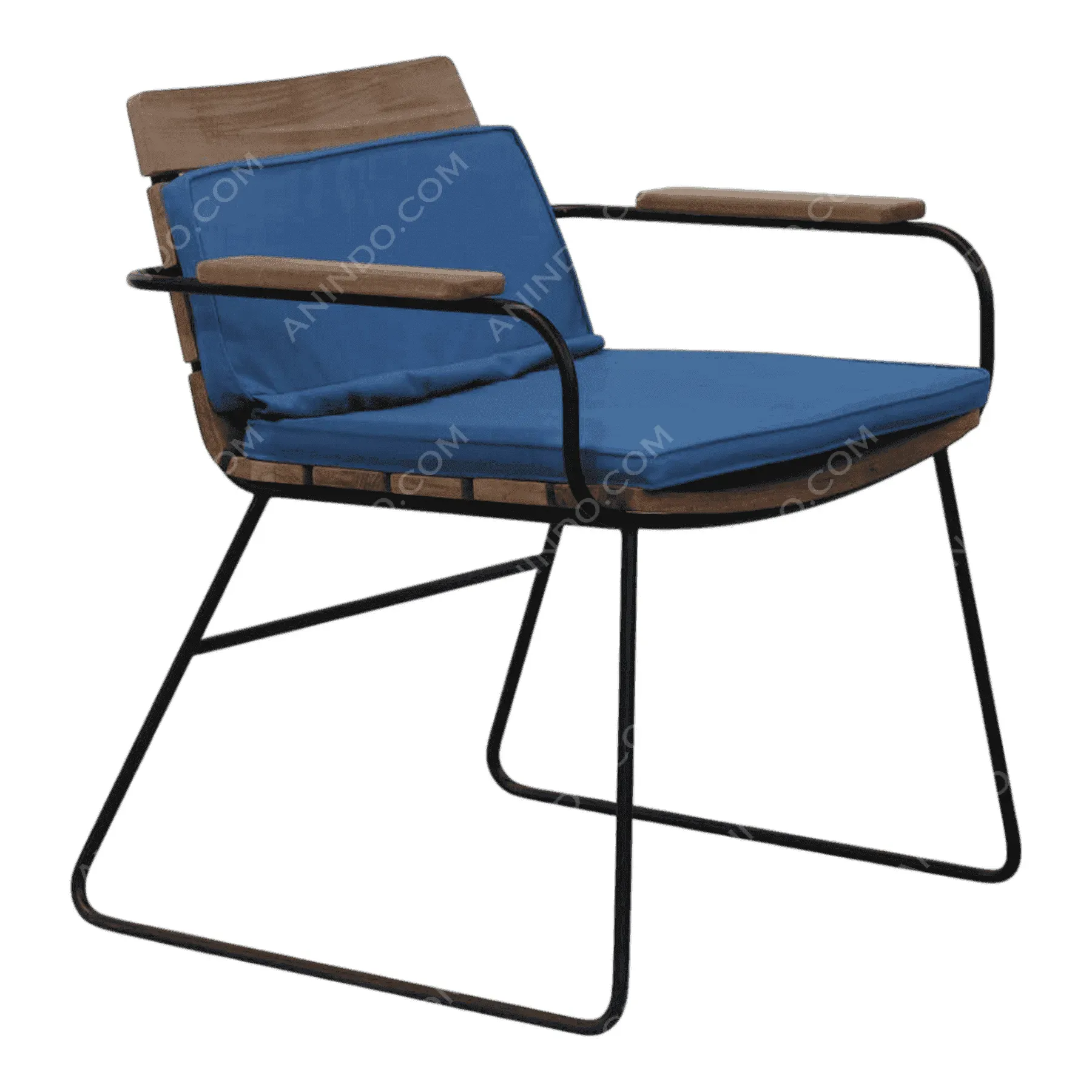 Modern wooden chair with blue cushions