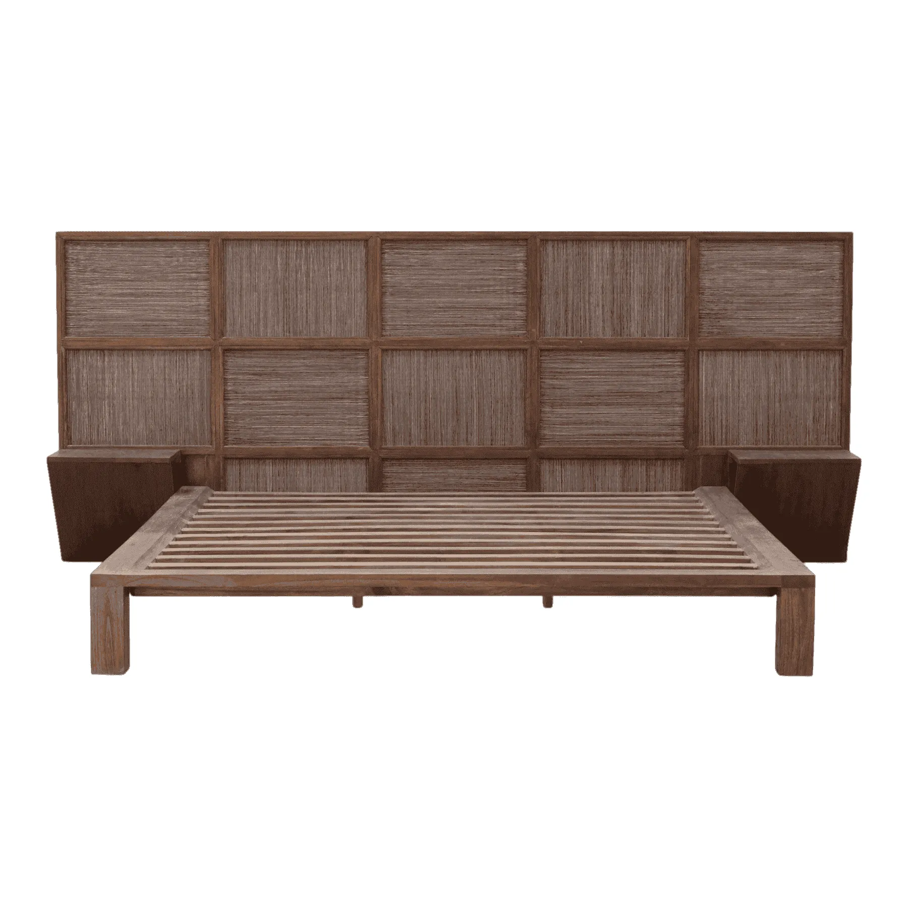 Wooden bed frame with large paneled headboard