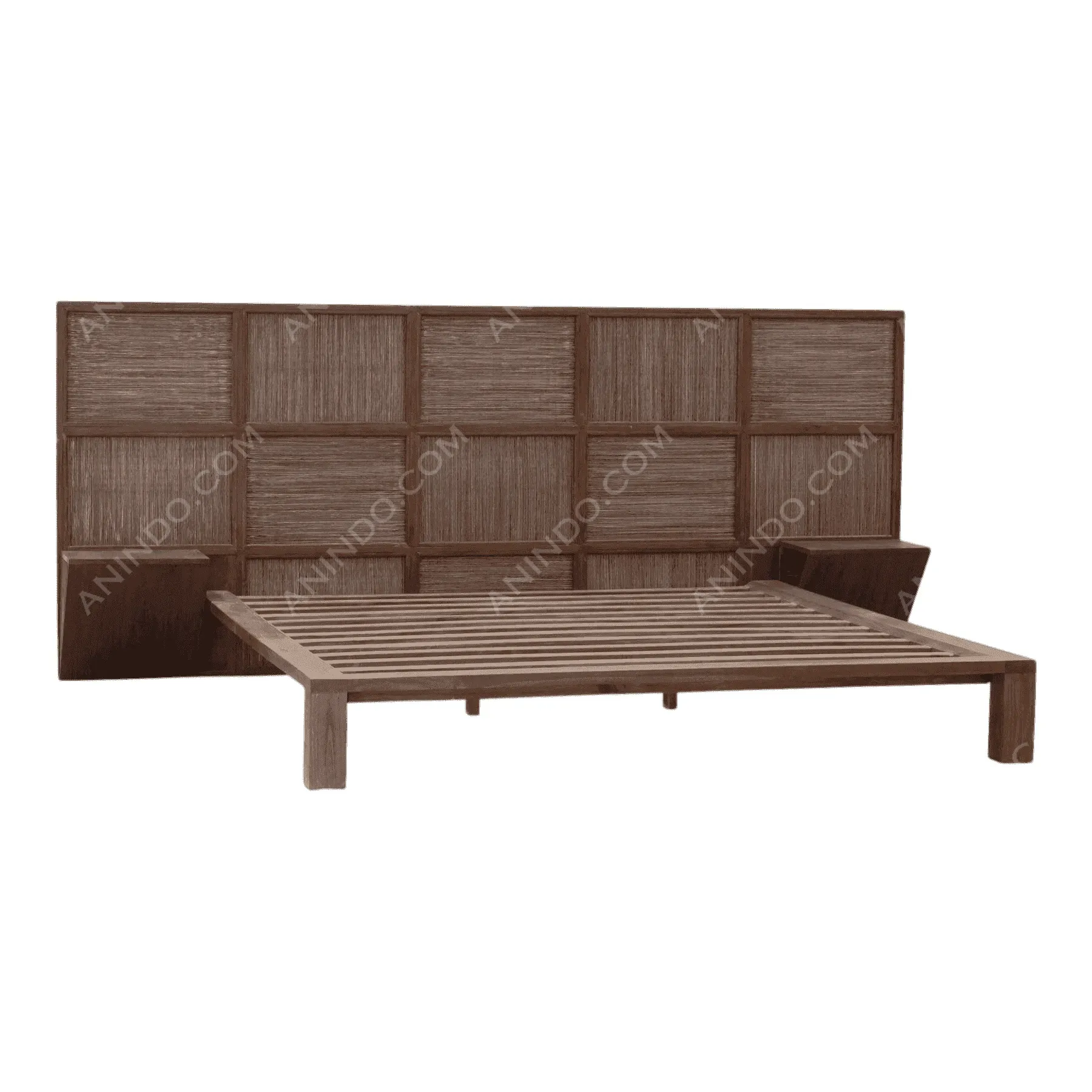 Modern wooden bed frame with tall headboard