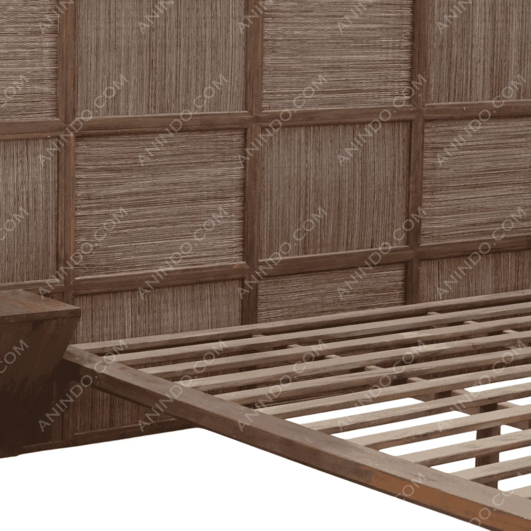 Wooden bed frame with woven panel headboard