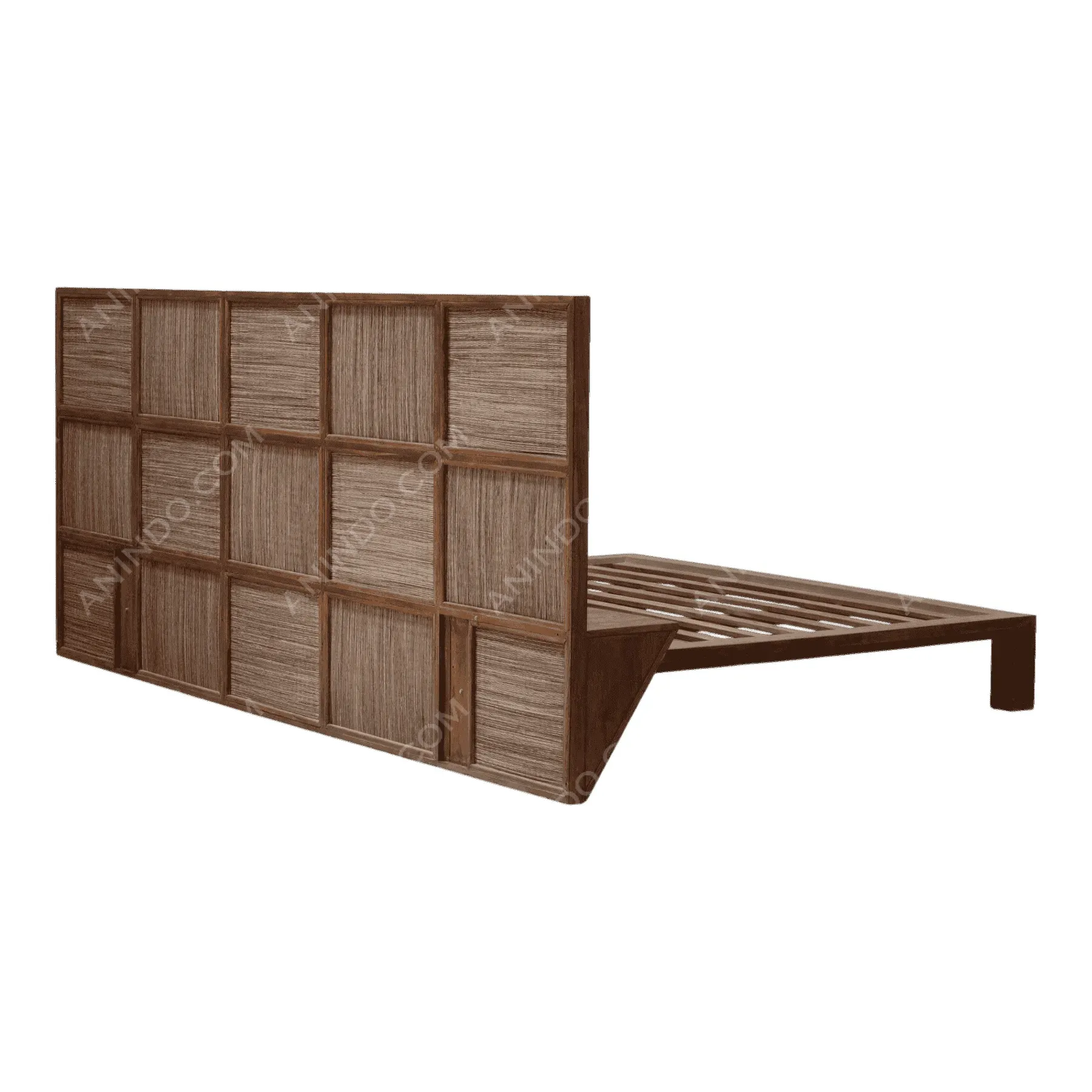 Wooden bed frame with textured panel headboard