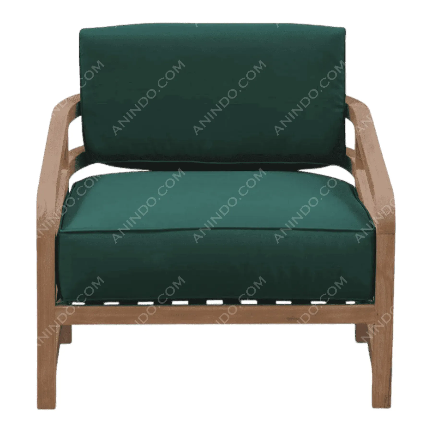 Wooden armchair with dark green cushions