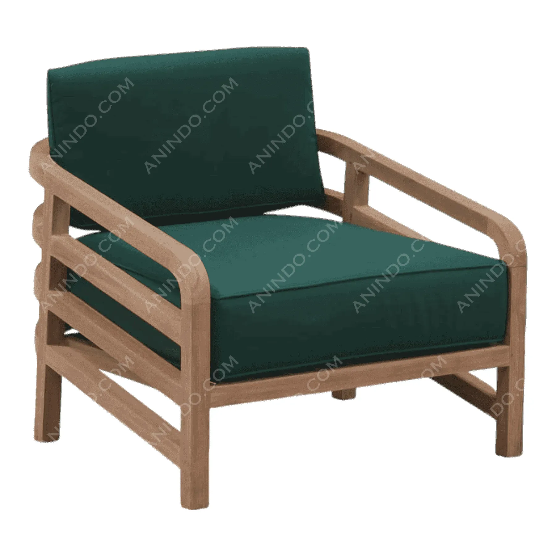 Wooden armchair with green cushions