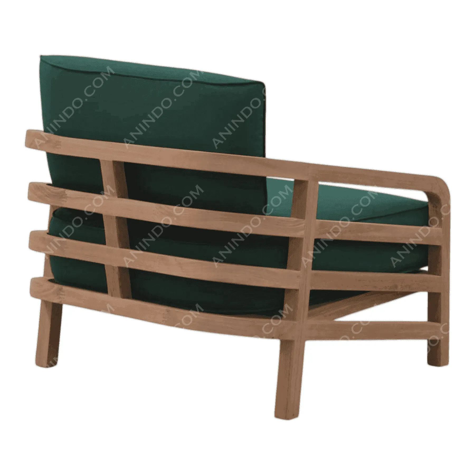 Wooden lounge chair with green cushions