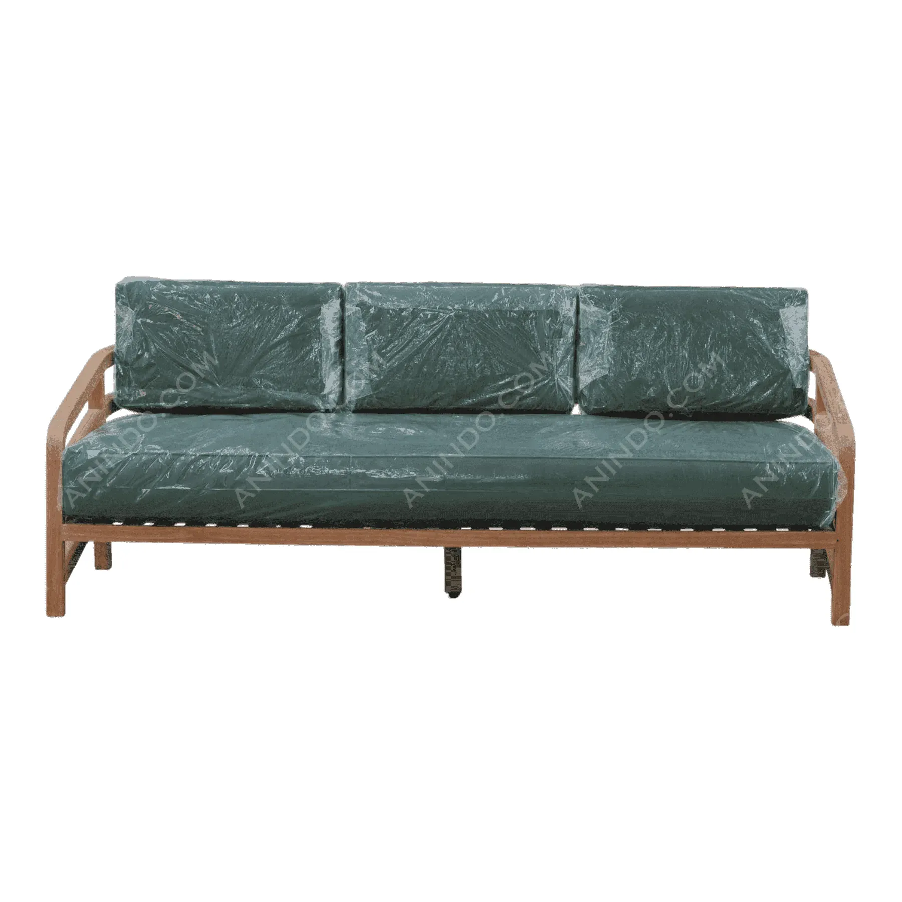 Wood frame sofa with dark green cushions