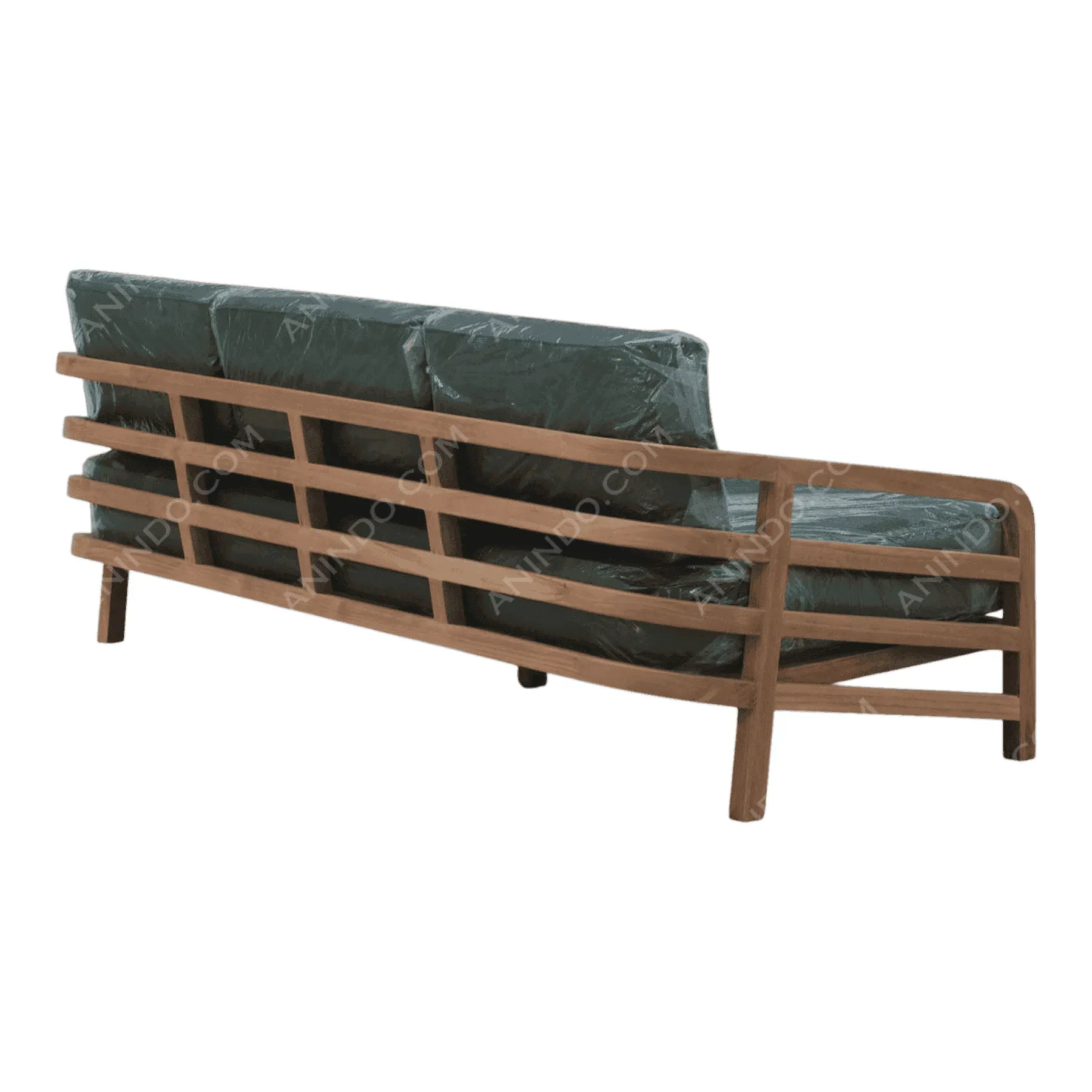 Wood frame sofa with green cushions