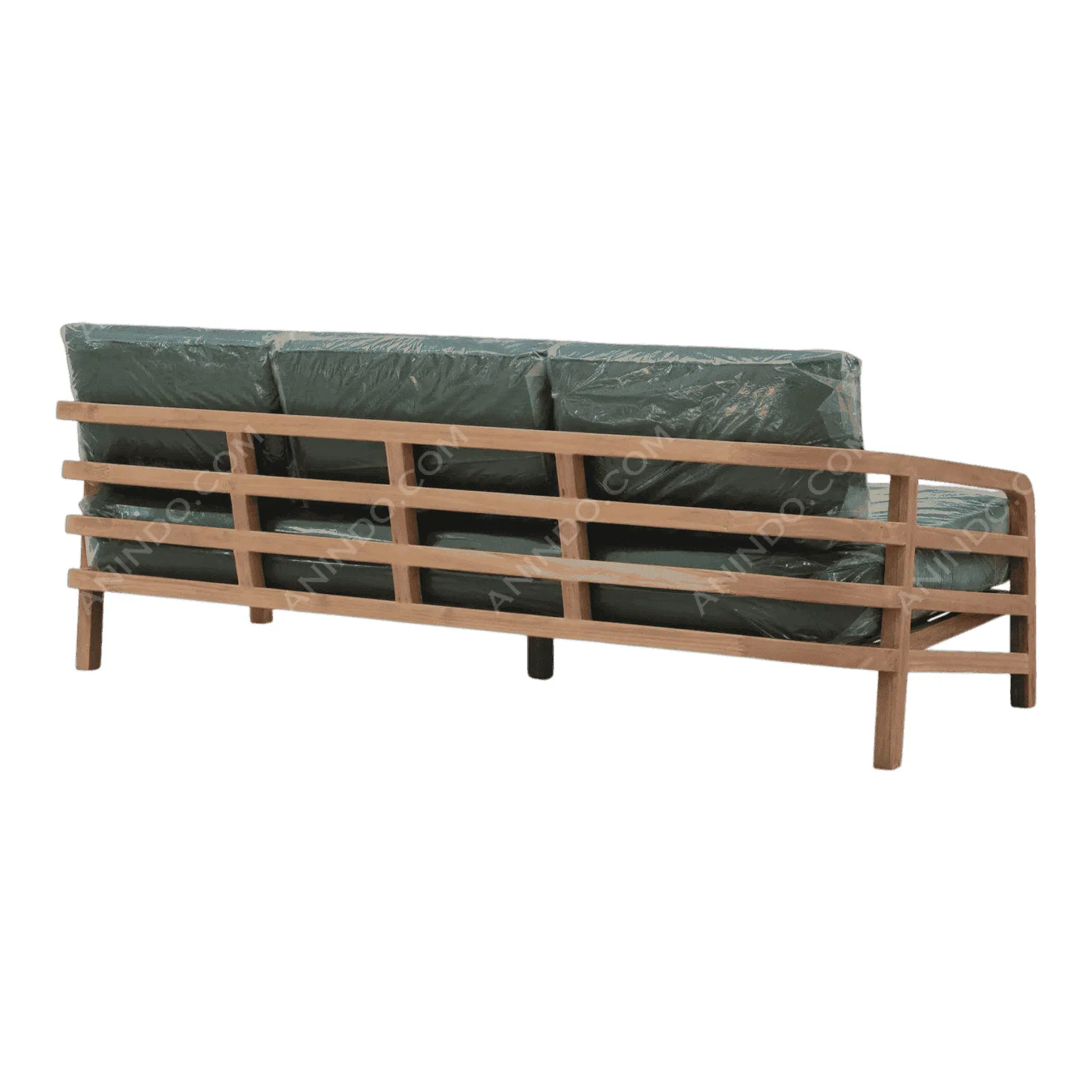 Wooden sofa with green cushions back view