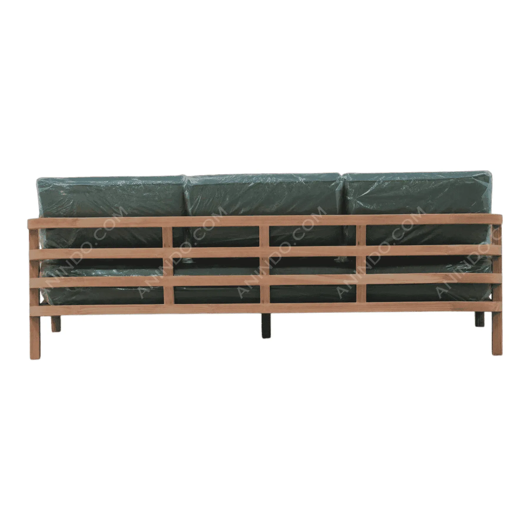 Wooden sofa with green cushions back view
