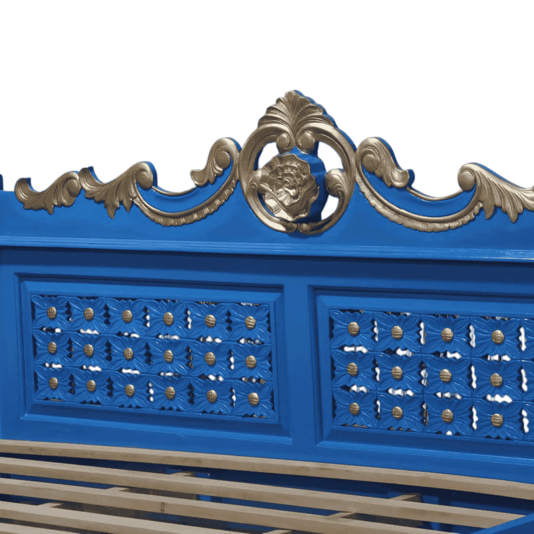 Blue and gold ornate wooden bench backrest
