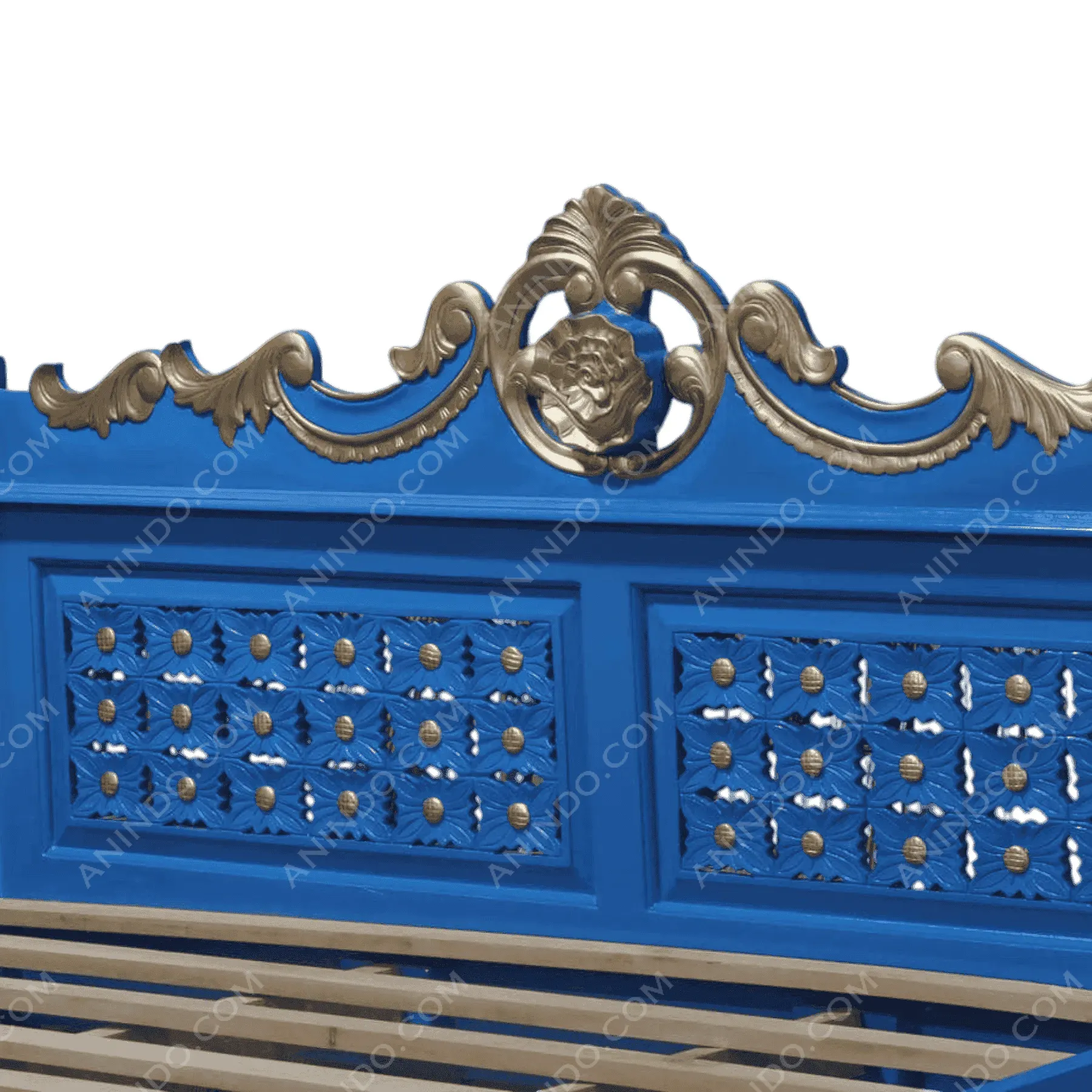 Blue and gold ornate wooden bench backrest