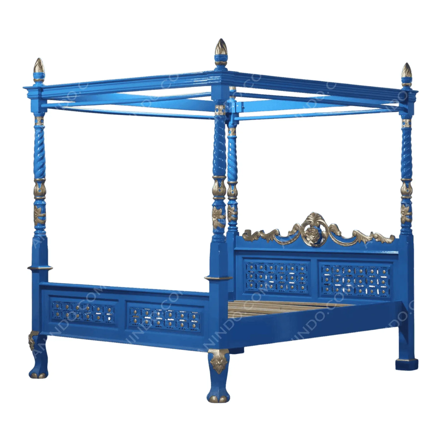 Blue four-poster bed with gold decorative accents