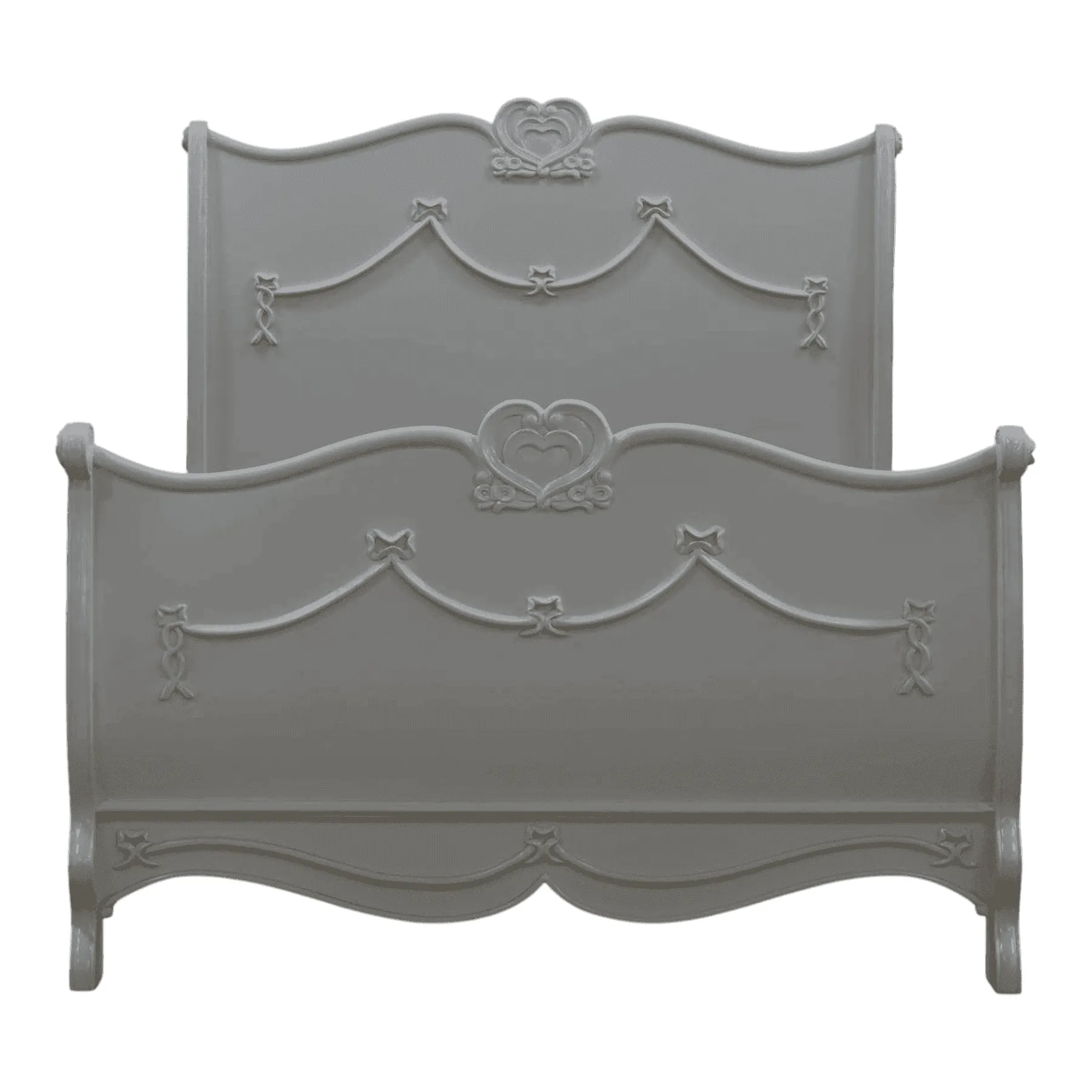 Gray sleigh bed with heart and ribbon carvings