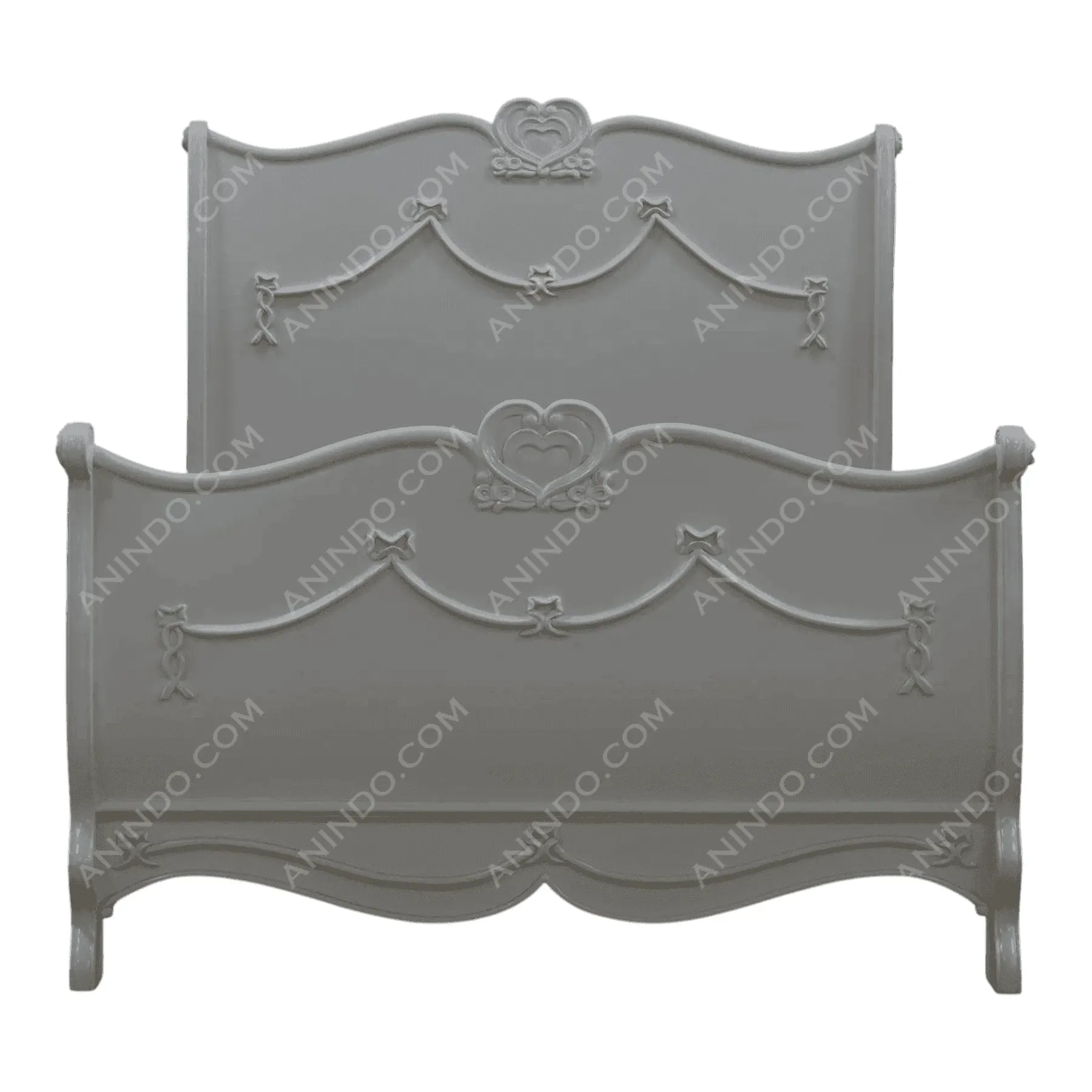 Gray sleigh bed with heart and ribbon carvings