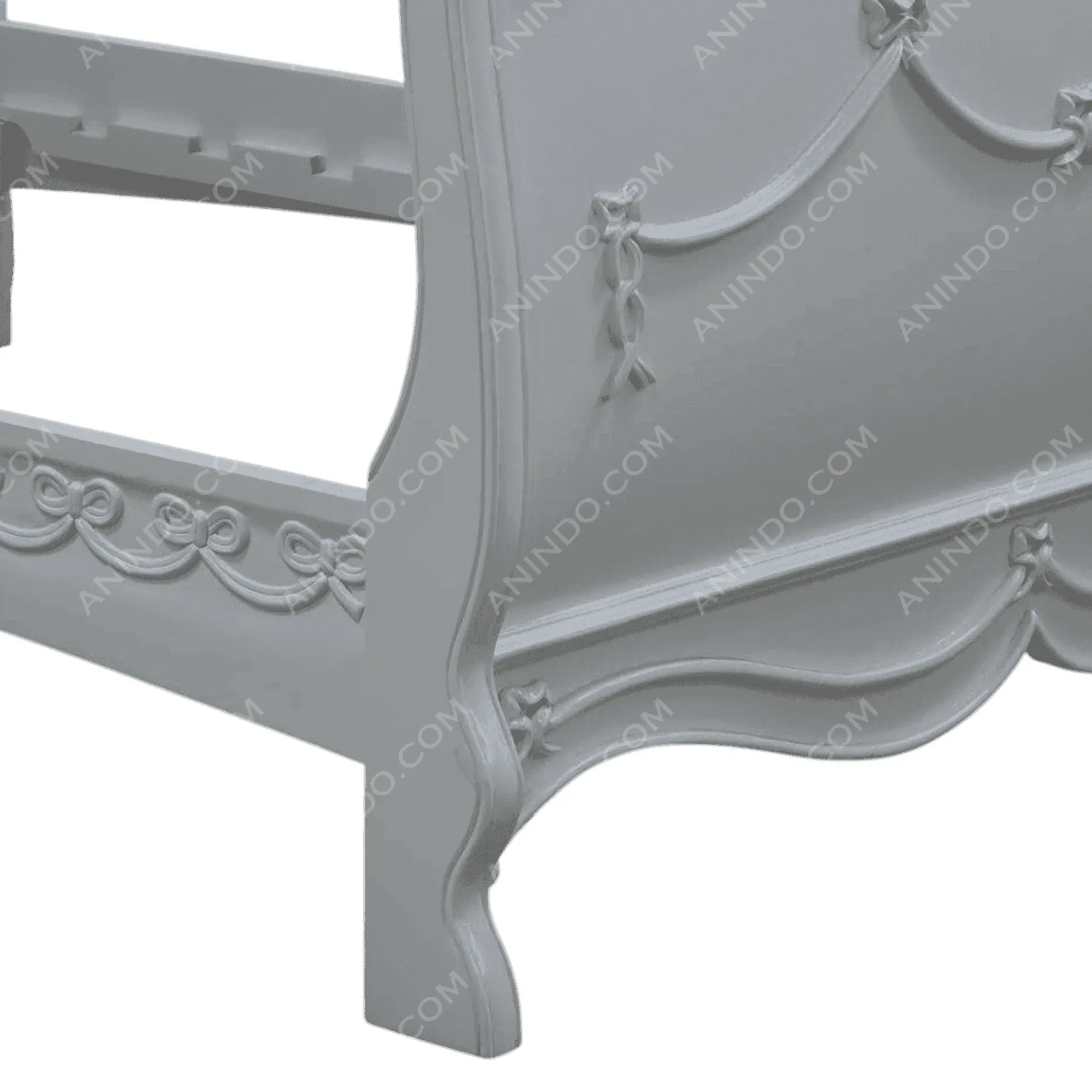 White wooden bed frame with carved details
