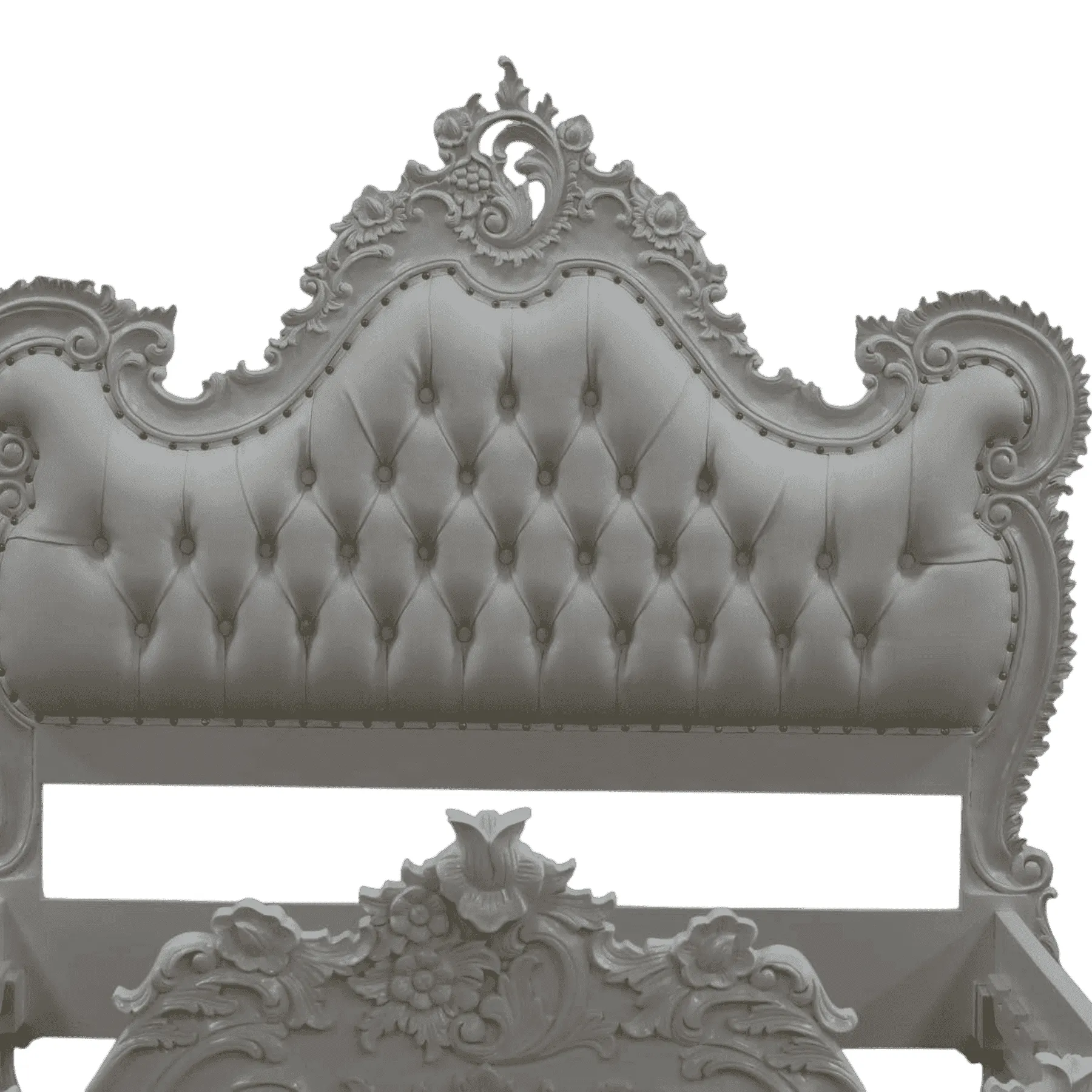 Ornate tufted headboard with carved floral details