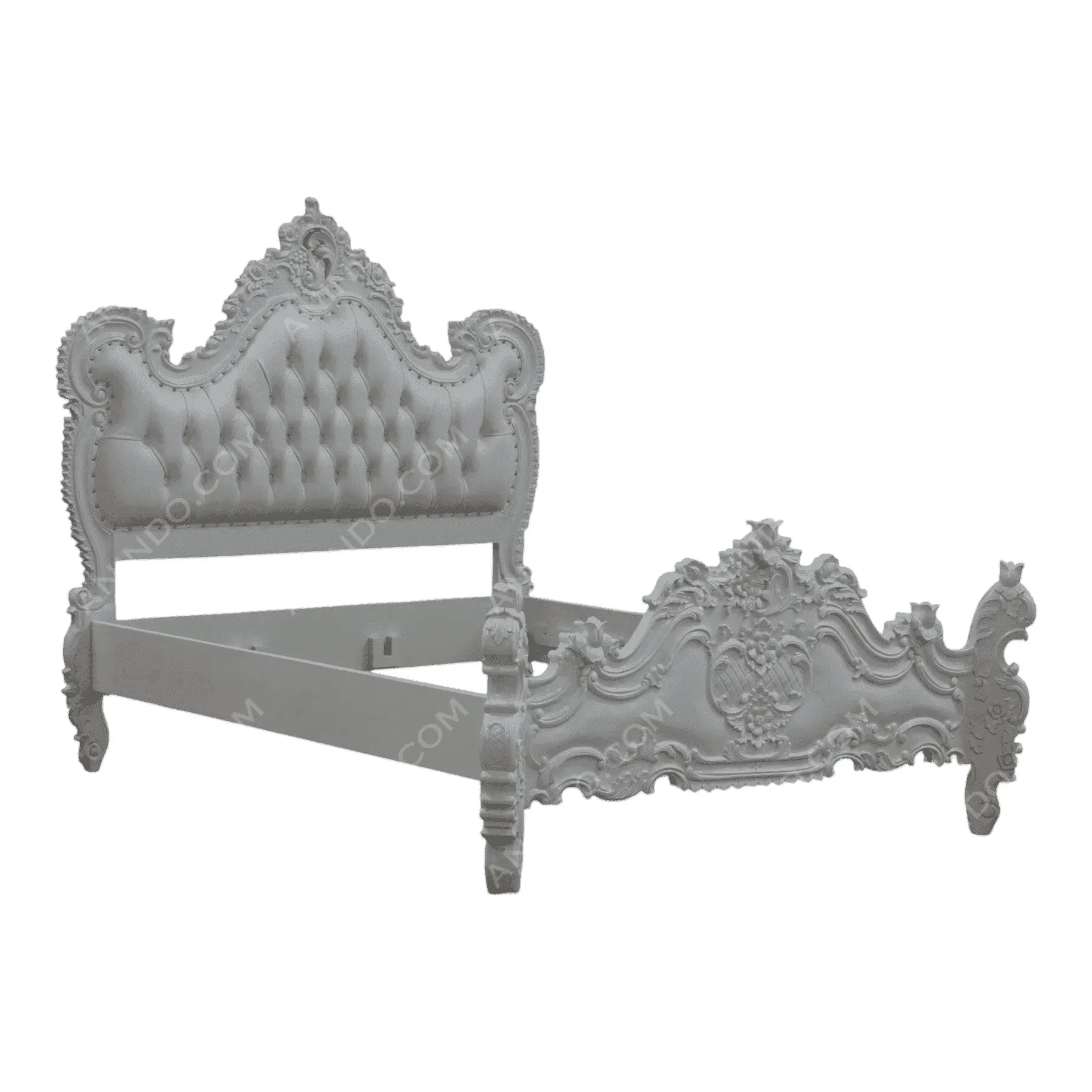Ornate white vintage bed frame with tufted headboard
