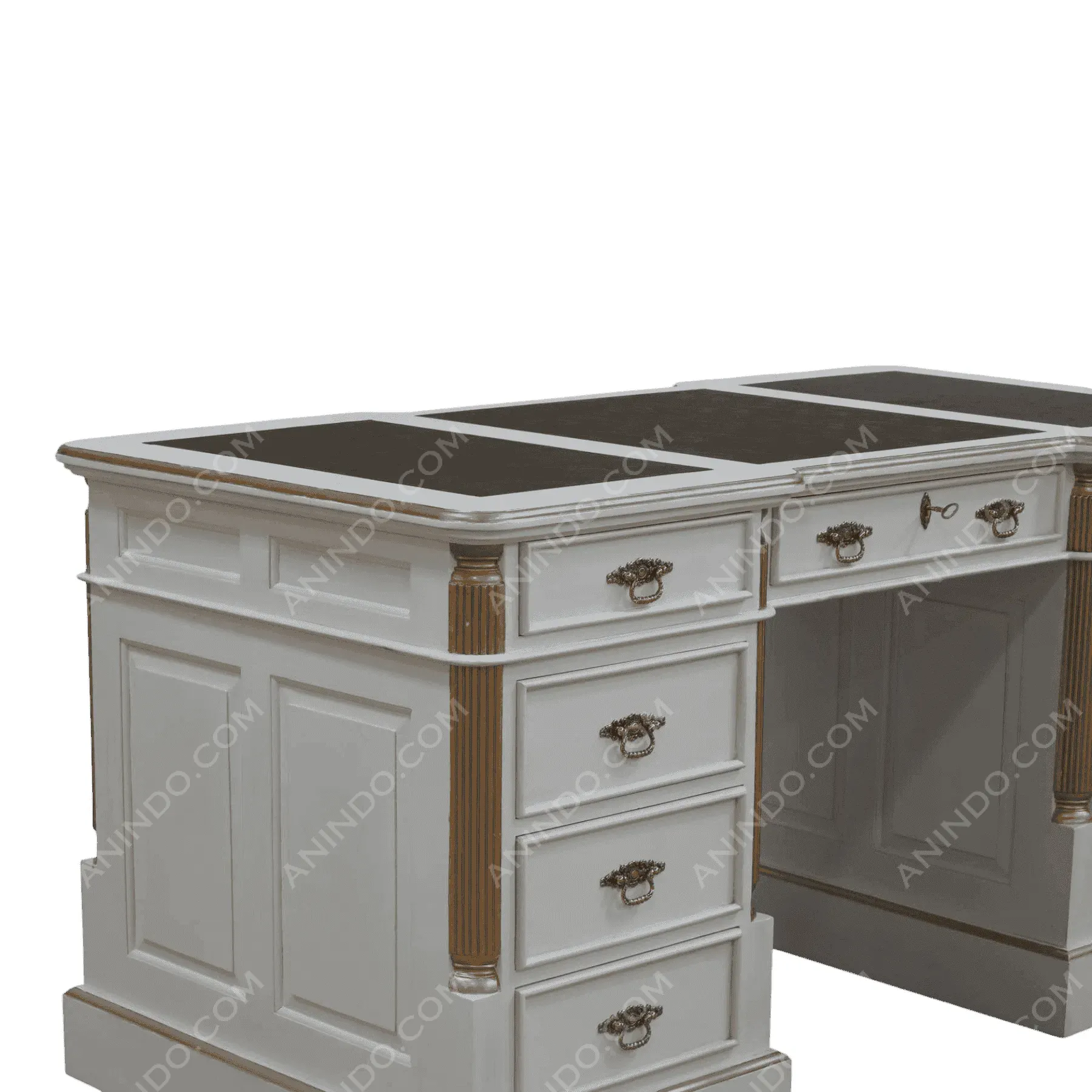 White vintage desk with gold accents and drawers