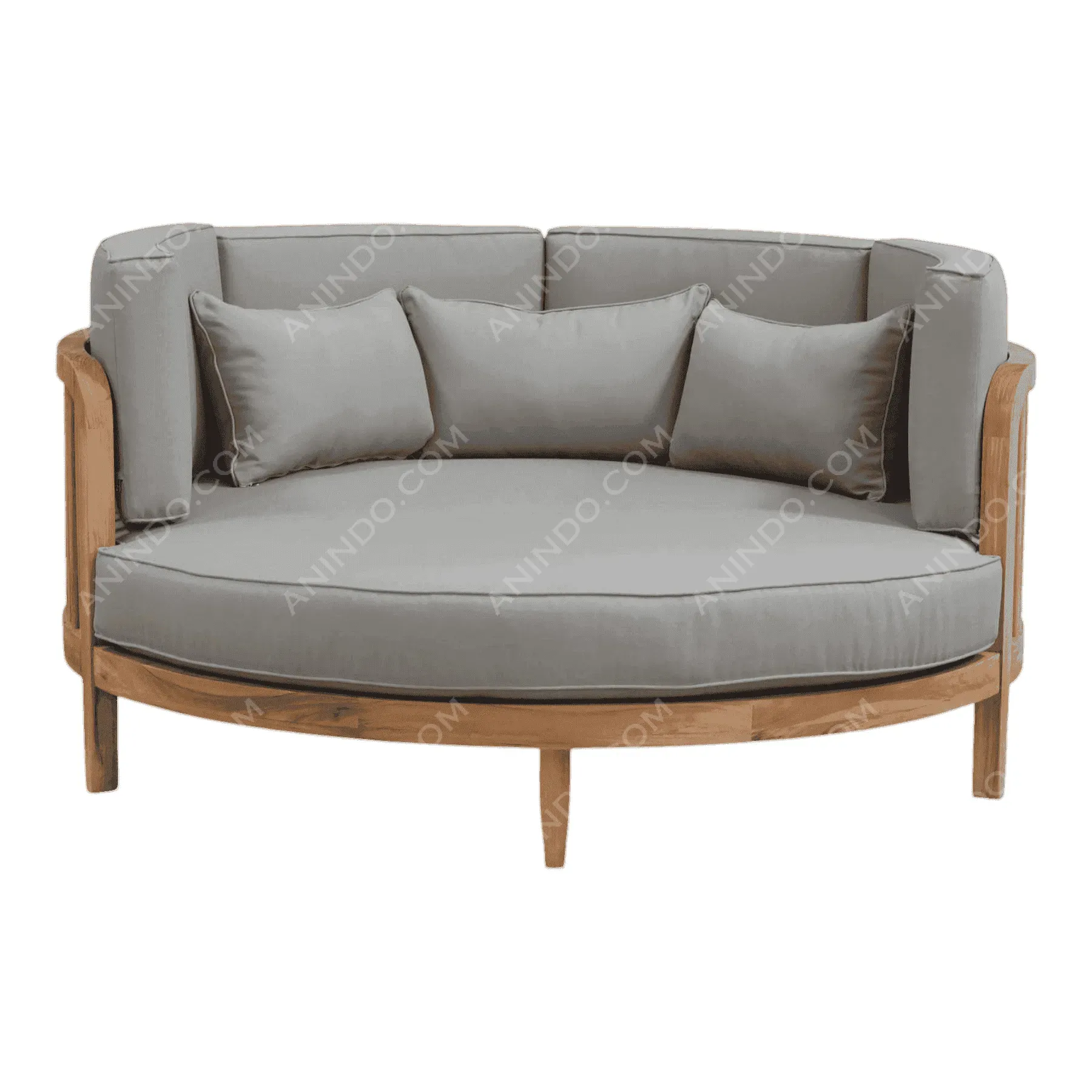 Round wooden sofa with gray cushions